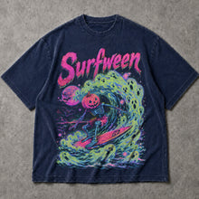 SF_COLOR=navy; SF_ITEM=adult-t-shirt; SF_ROLE=main; Bright Neon Surfween Skeleton T-Shirt Pumpkin Head Surfing Ghost Wave Tee - Navy Adult T-Shirt product image