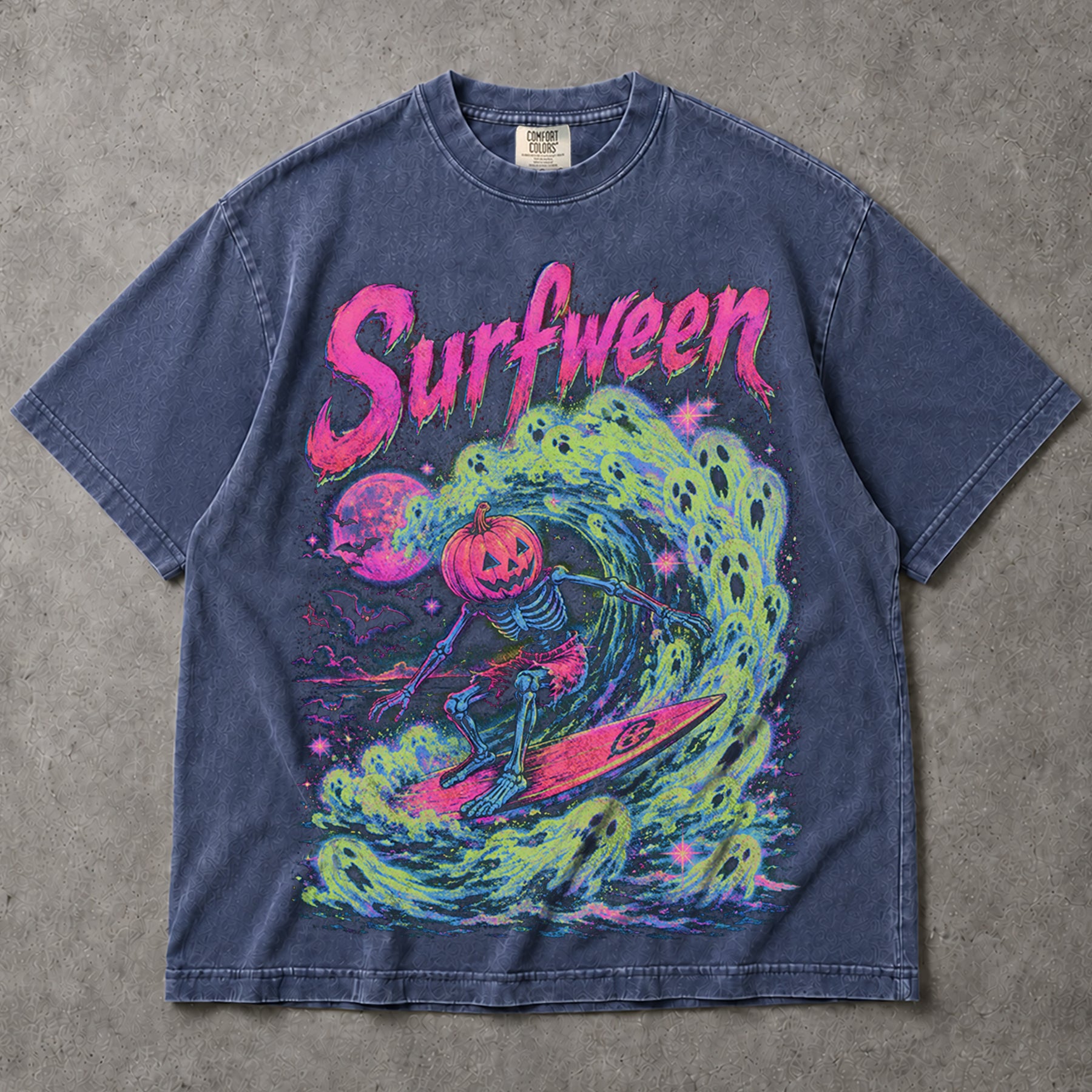 SF_COLOR=sport-grey|denim; SF_ITEM=adult-t-shirt; SF_ROLE=main; Bright Neon Surfween Skeleton T-Shirt Pumpkin Head Surfing Ghost Wave Tee - Sport Grey, Denim Adult T-Shirt product image