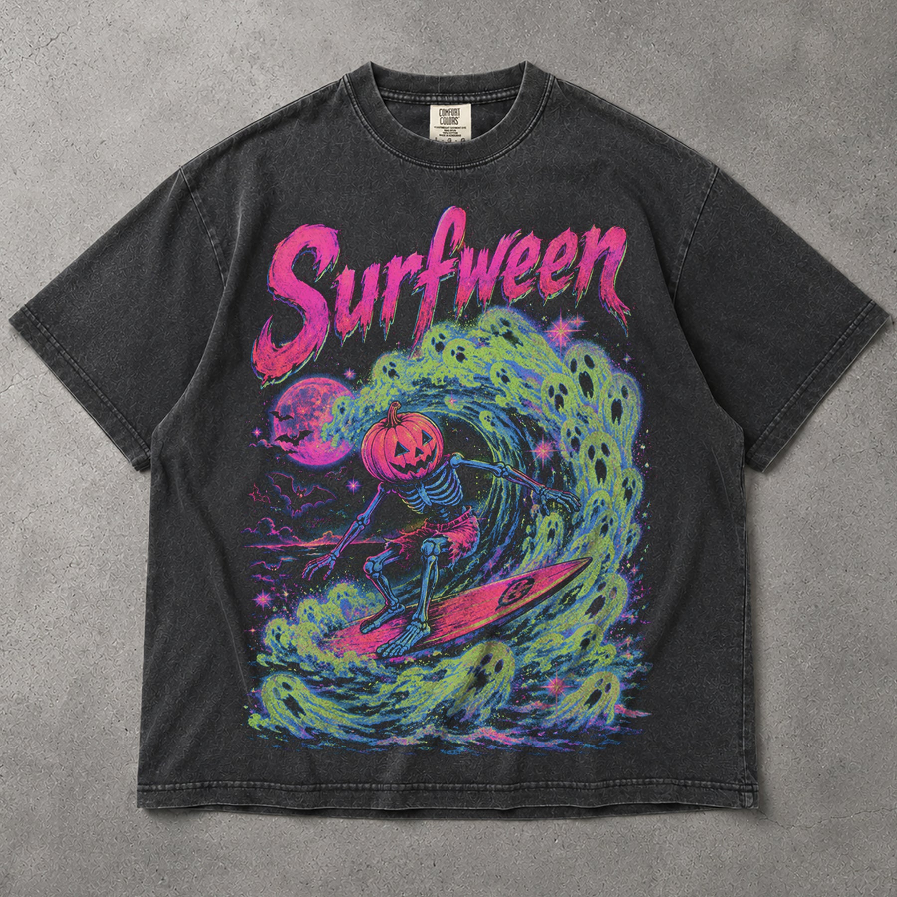 SF_COLOR=graphite; SF_ITEM=adult-t-shirt; SF_ROLE=main; Bright Neon Surfween Skeleton T-Shirt Pumpkin Head Surfing Ghost Wave Tee - Graphite Adult T-Shirt product image