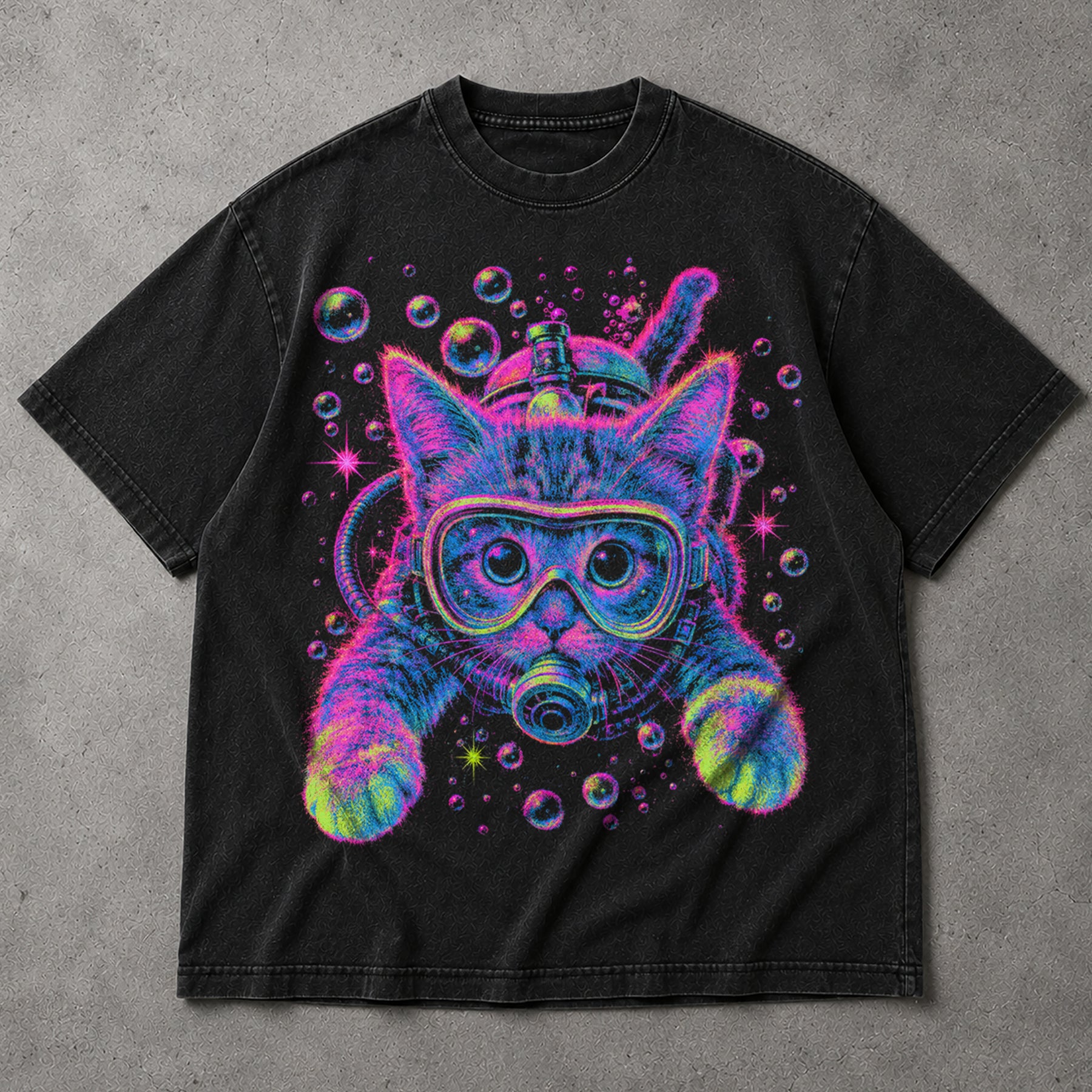 SF_COLOR=black; SF_ITEM=adult-t-shirt; SF_ROLE=main; Bright Pink Scuba Diving Cat T-Shirt Neon Ocean Feline Animal Humor Tee - Black Adult T-Shirt product image