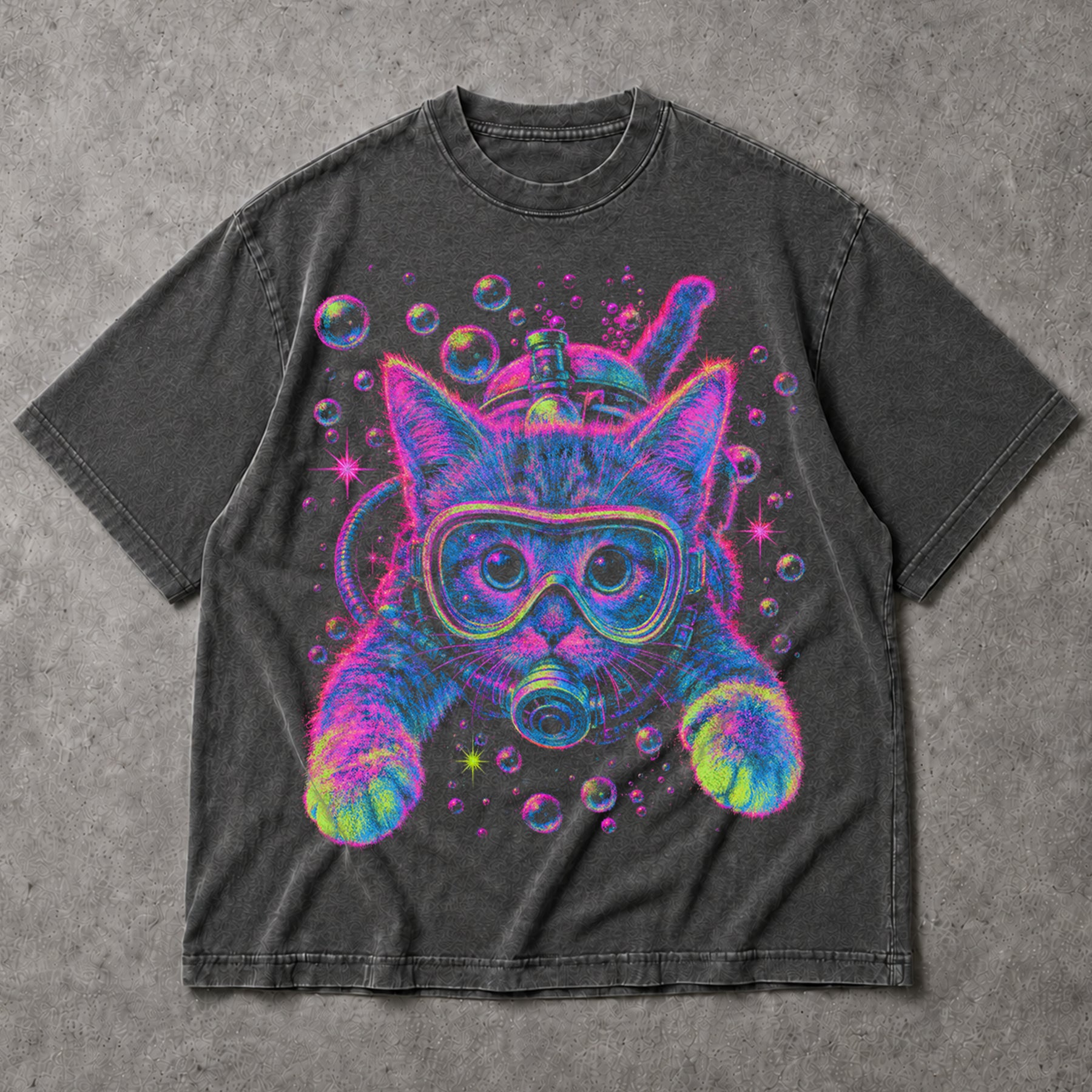 SF_COLOR=dark-heather; SF_ITEM=adult-t-shirt; SF_ROLE=main; Bright Pink Scuba Diving Cat T-Shirt Neon Ocean Feline Animal Humor Tee - Dark Heather Adult T-Shirt product image