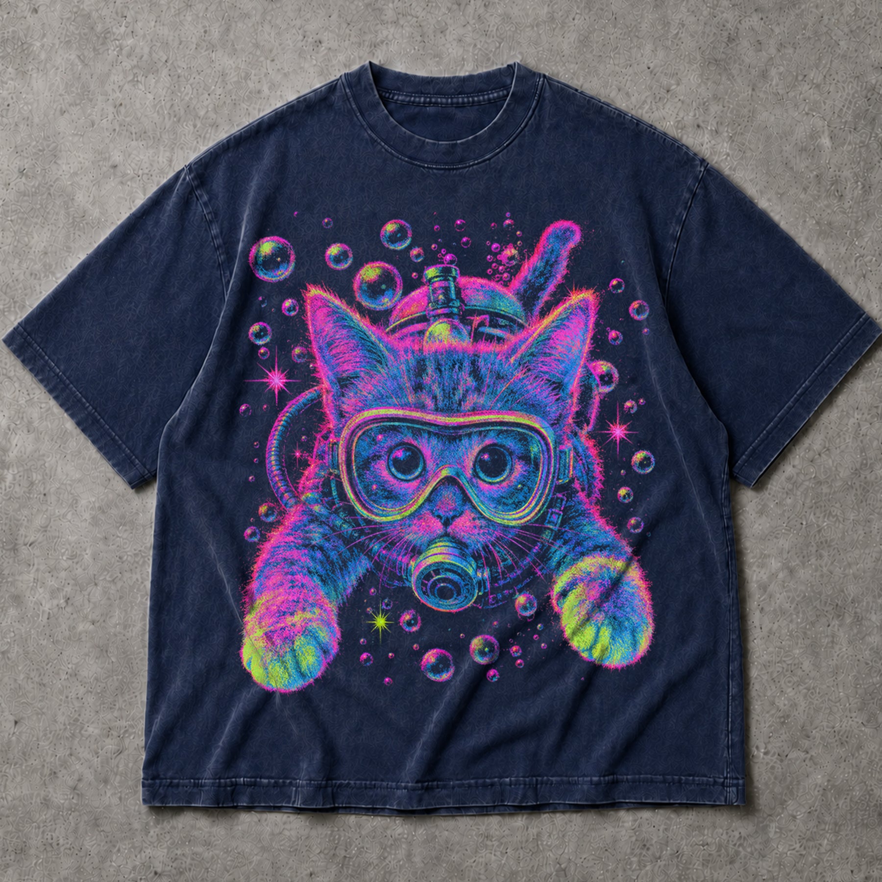 SF_COLOR=navy; SF_ITEM=adult-t-shirt; SF_ROLE=main; Bright Pink Scuba Diving Cat T-Shirt Neon Ocean Feline Animal Humor Tee - Navy Adult T-Shirt product image