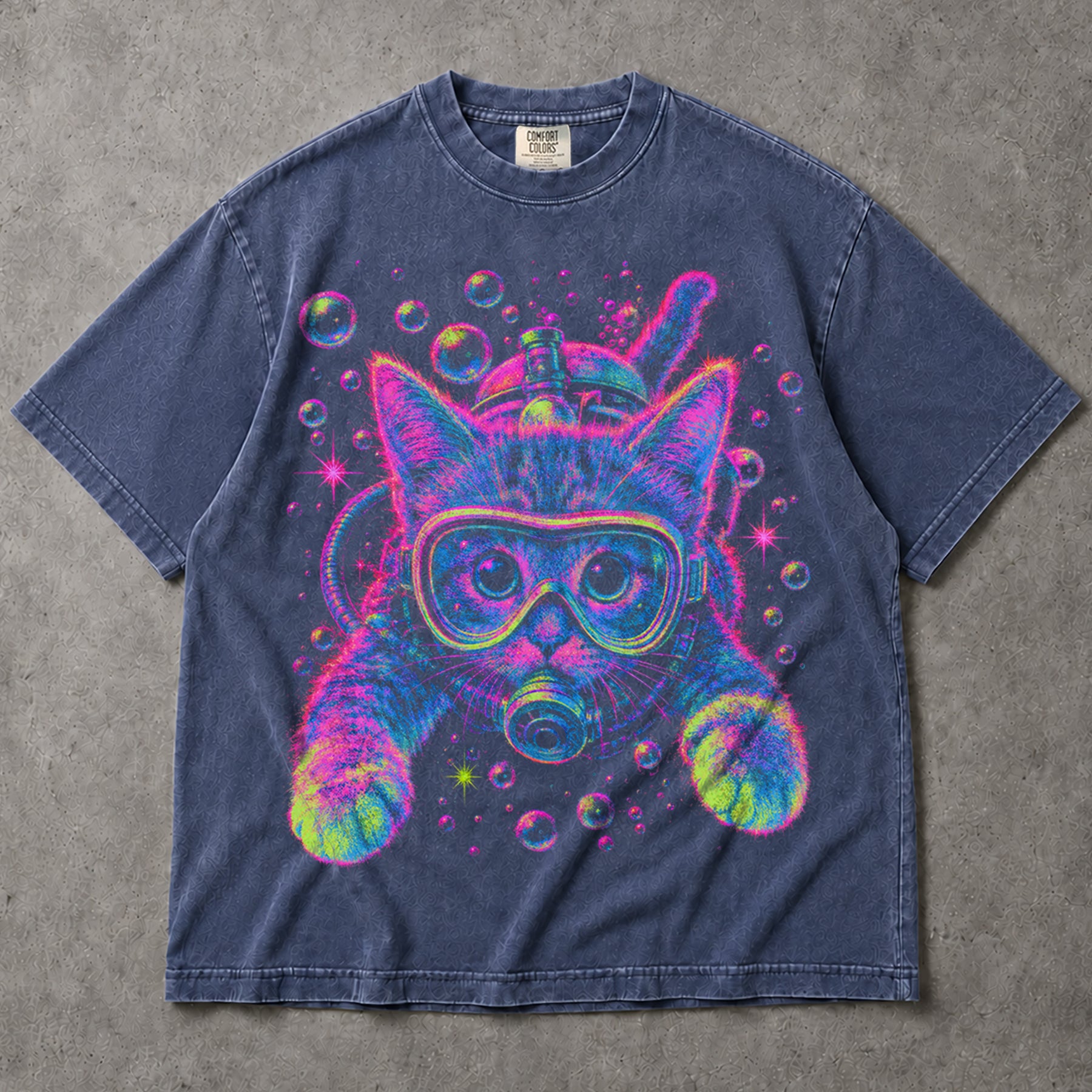 SF_COLOR=sport-grey|denim; SF_ITEM=adult-t-shirt; SF_ROLE=main; Bright Pink Scuba Diving Cat T-Shirt Neon Ocean Feline Animal Humor Tee - Sport Grey, Denim Adult T-Shirt product image