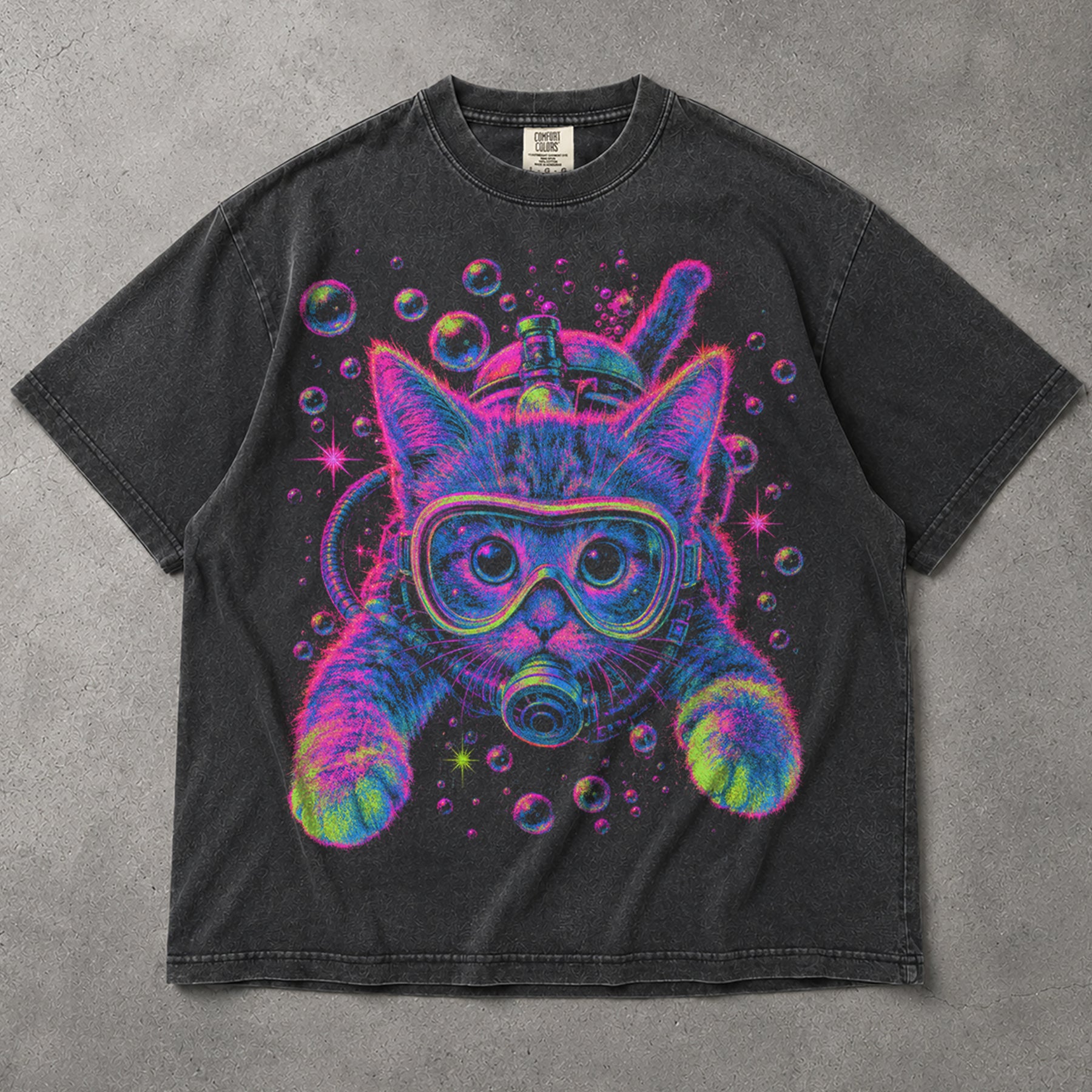 SF_COLOR=graphite; SF_ITEM=adult-t-shirt; SF_ROLE=main; Bright Pink Scuba Diving Cat T-Shirt Neon Ocean Feline Animal Humor Tee - Graphite Adult T-Shirt product image