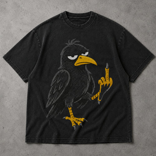 SF_COLOR=black; SF_ITEM=adult-t-shirt; SF_ROLE=main; Cartoon Crow Flipping The Bird T-Shirt Funny Sarcastic Raven Middle Finger Tee - Black Adult T-Shirt product image
