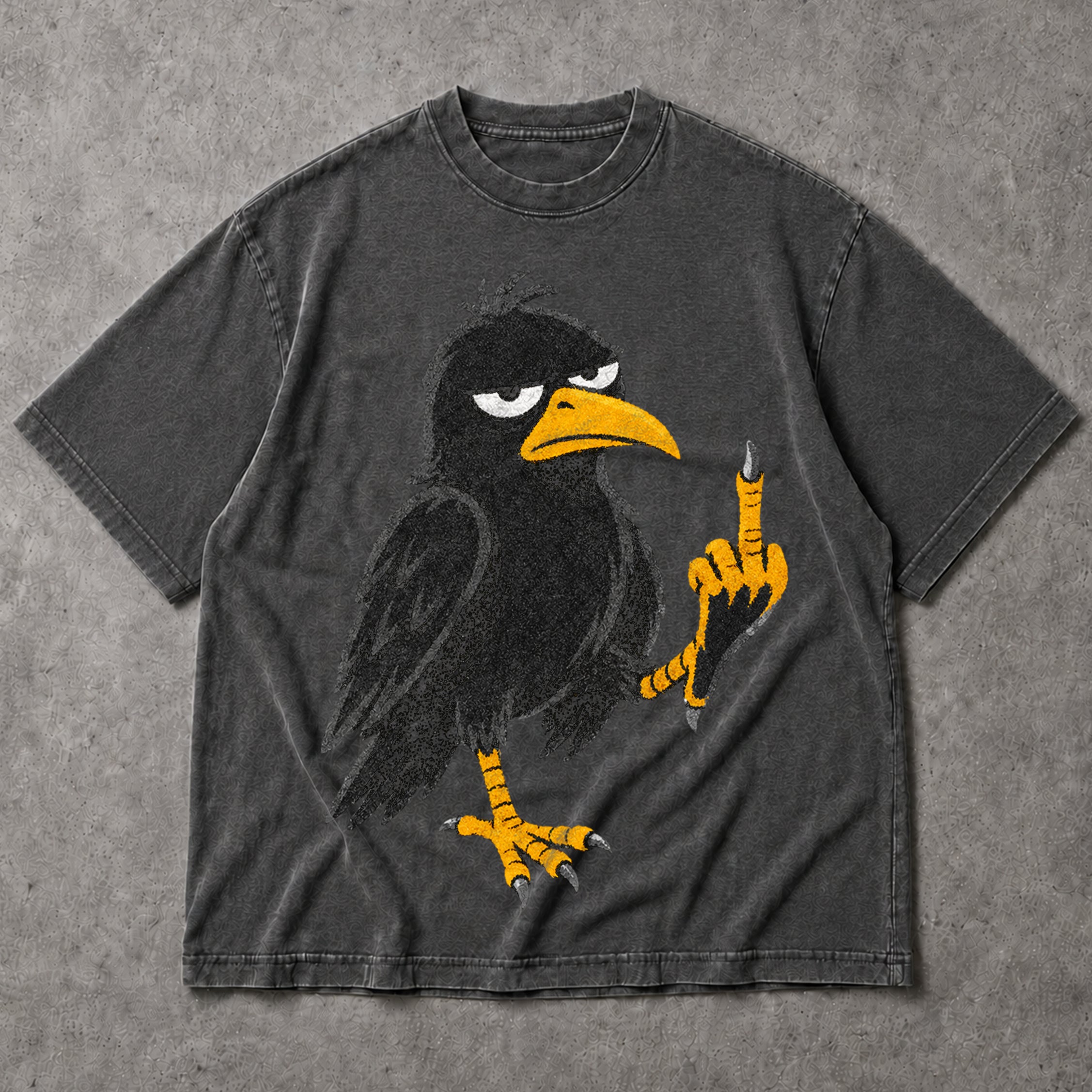 SF_COLOR=dark-heather; SF_ITEM=adult-t-shirt; SF_ROLE=main; Cartoon Crow Flipping The Bird T-Shirt Funny Sarcastic Raven Middle Finger Tee - Dark Heather Adult T-Shirt product image