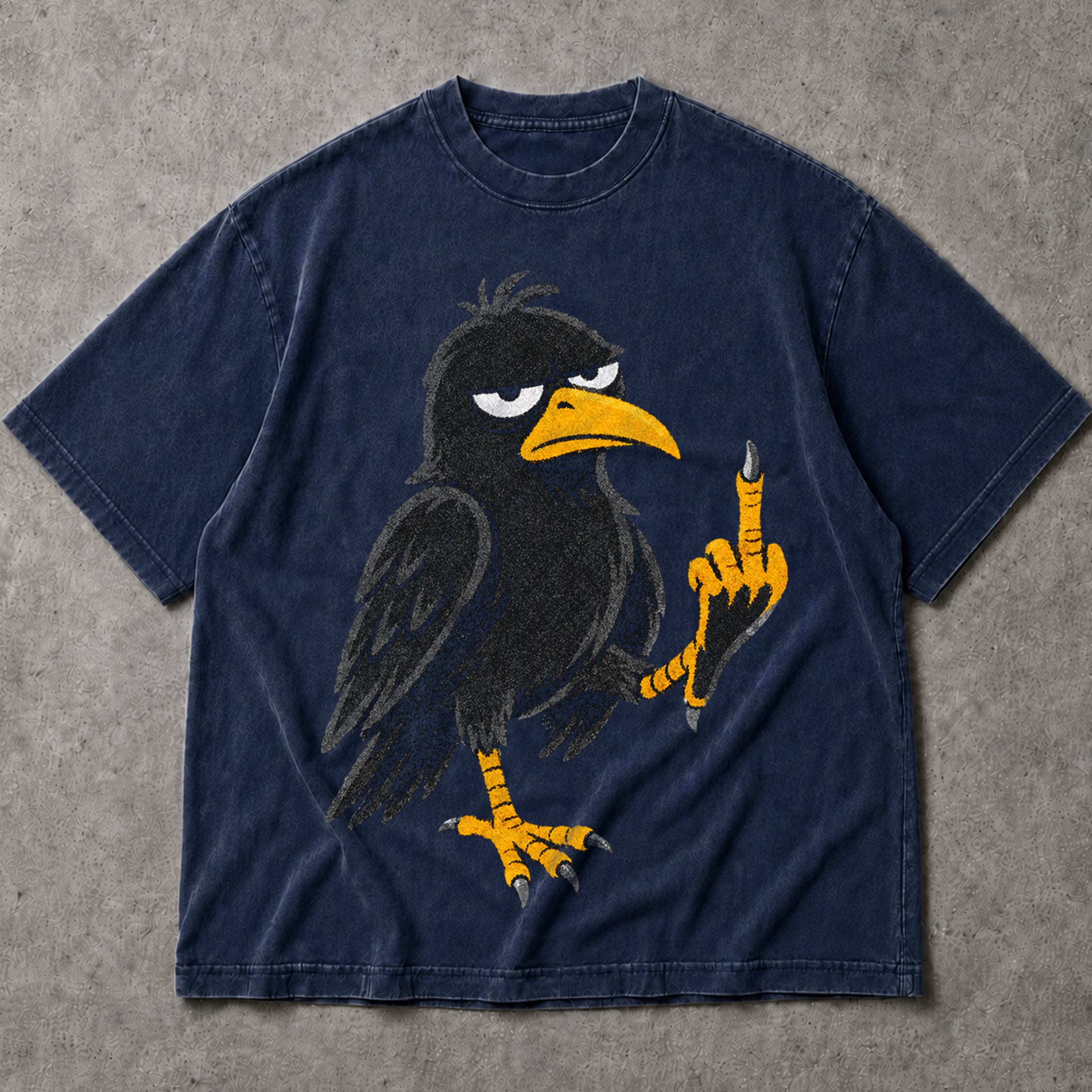 SF_COLOR=navy; SF_ITEM=adult-t-shirt; SF_ROLE=main; Cartoon Crow Flipping The Bird T-Shirt Funny Sarcastic Raven Middle Finger Tee - Navy Adult T-Shirt product image