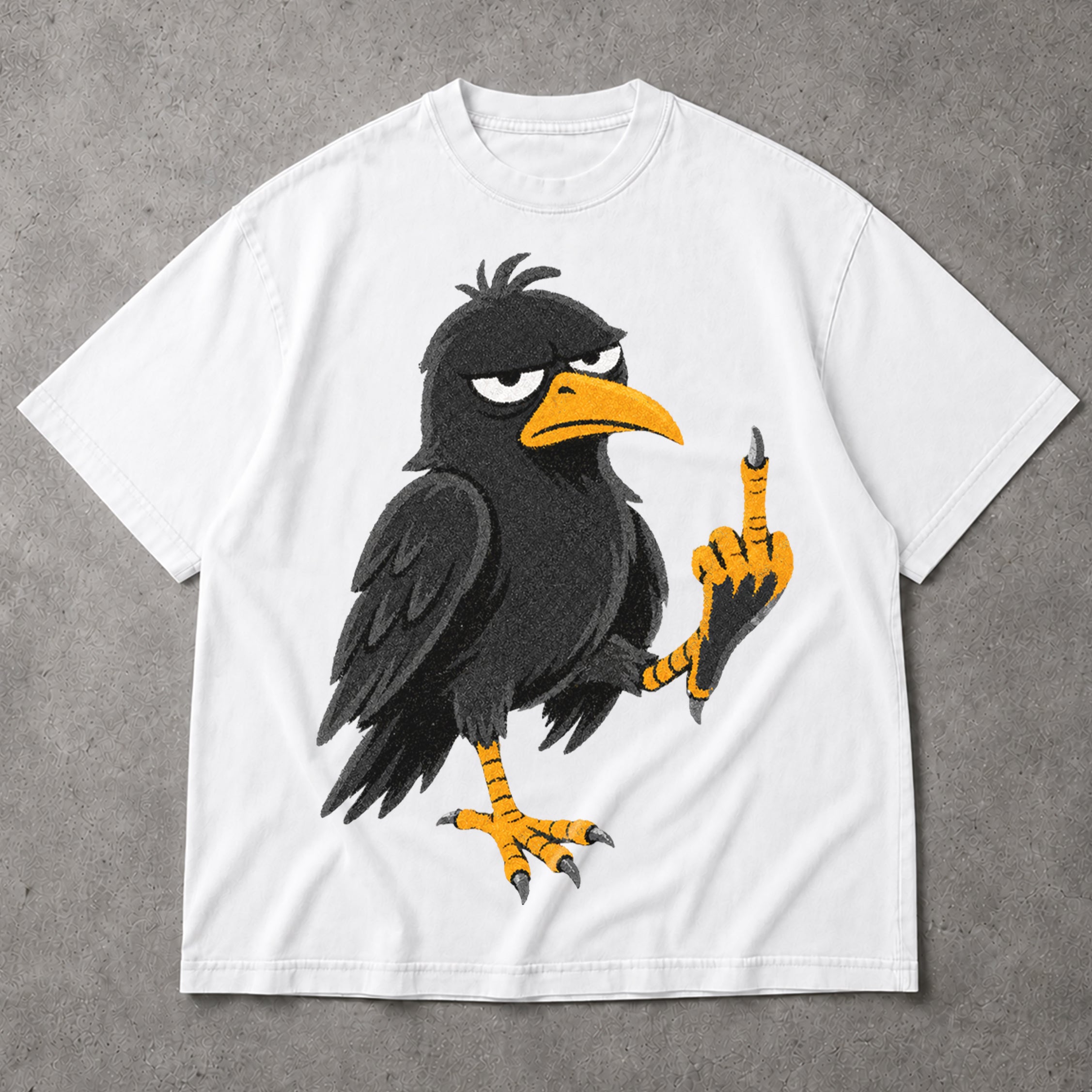 SF_COLOR=white; SF_ITEM=adult-t-shirt; SF_ROLE=main; Cartoon Crow Flipping The Bird T-Shirt Funny Sarcastic Raven Middle Finger Tee - White Adult T-Shirt product image