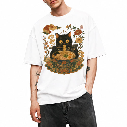 SF_COLOR=black|white; SF_ITEM=adult-t-shirt; SF_ROLE=main; Cat Eating Ra Noodles Phone T-Shirt Cute Japanese Cat Lover Tee - Black, White Adult T-Shirt product image