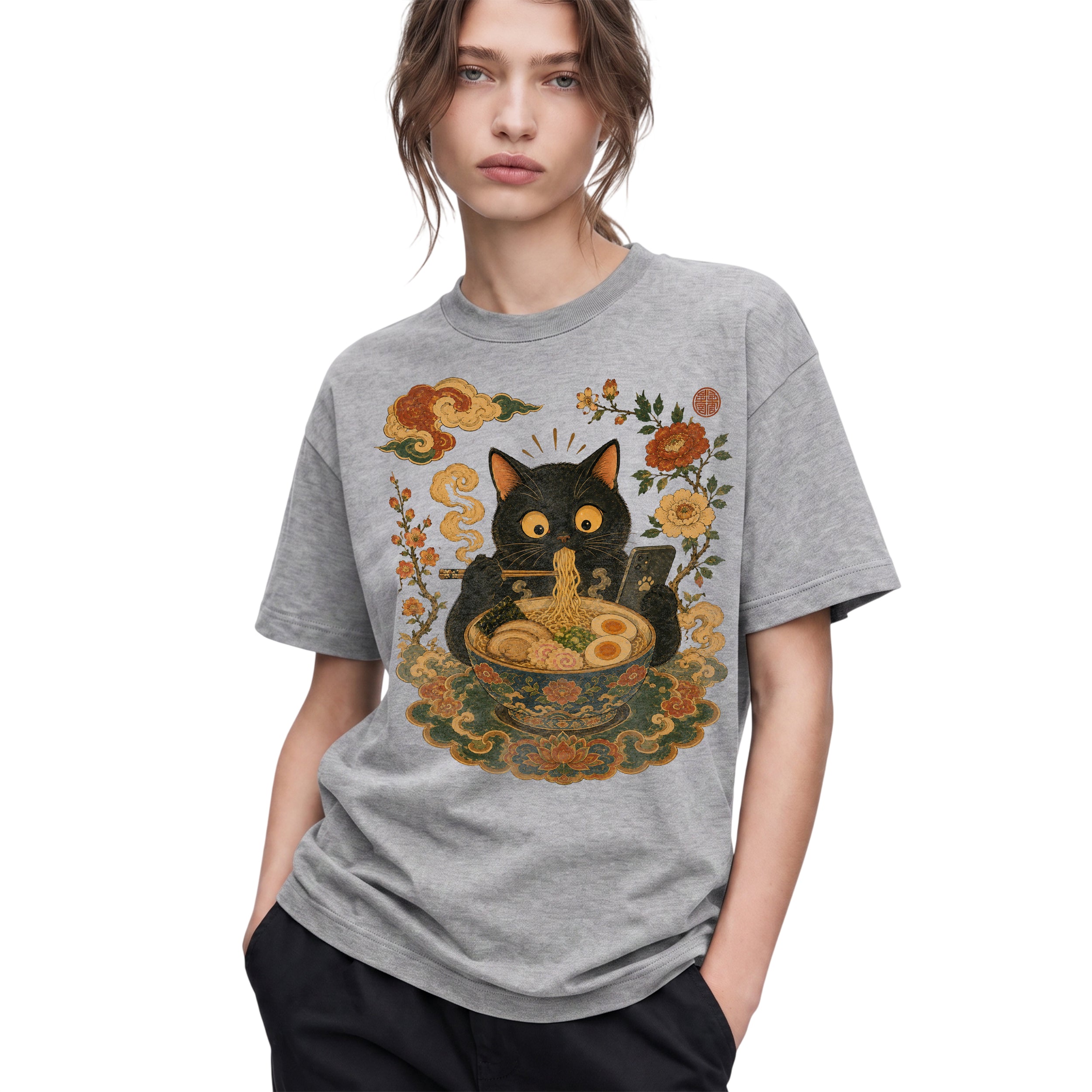 SF_COLOR=black|sport-grey; SF_ITEM=adult-t-shirt; SF_ROLE=gallery; Cat Eating Ra Noodles Phone T-Shirt Cute Japanese Cat Lover Tee - Black, Sport Grey Adult T-Shirt product image