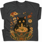 SF_COLOR=black|dark-heather; SF_ITEM=adult-t-shirt; SF_ROLE=gallery; Cat Eating Ra Noodles Phone T-Shirt Cute Japanese Cat Lover Tee - Black, Dark Heather Adult T-Shirt product image