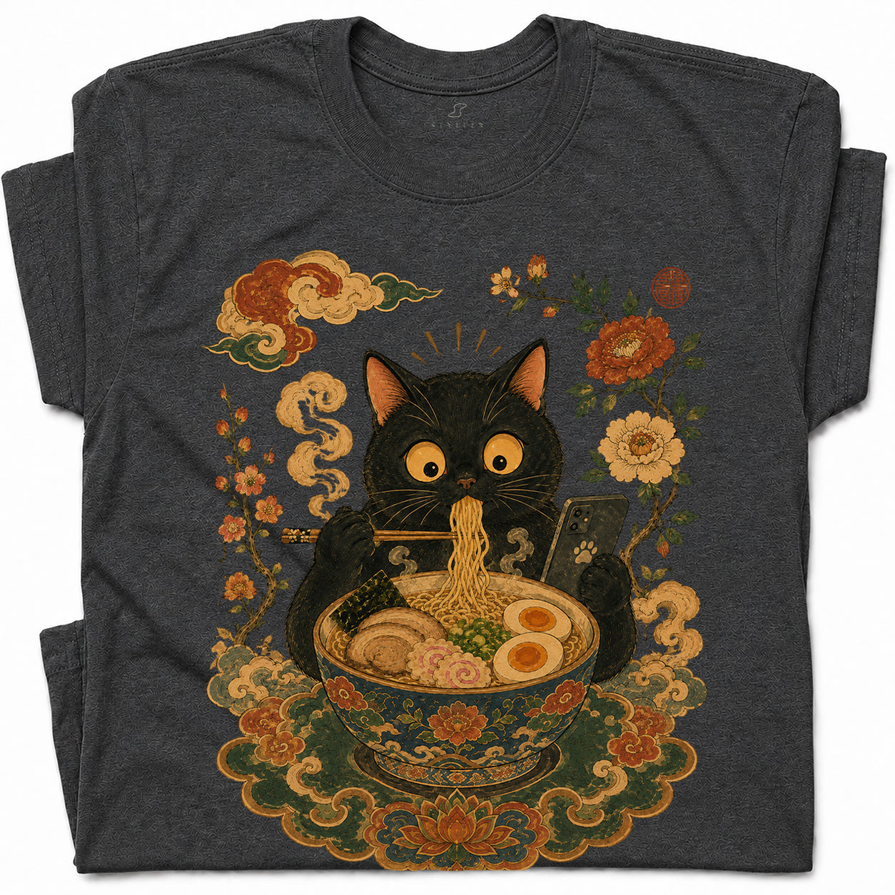 SF_COLOR=black|dark-heather; SF_ITEM=adult-t-shirt; SF_ROLE=gallery; Cat Eating Ra Noodles Phone T-Shirt Cute Japanese Cat Lover Tee - Black, Dark Heather Adult T-Shirt product image