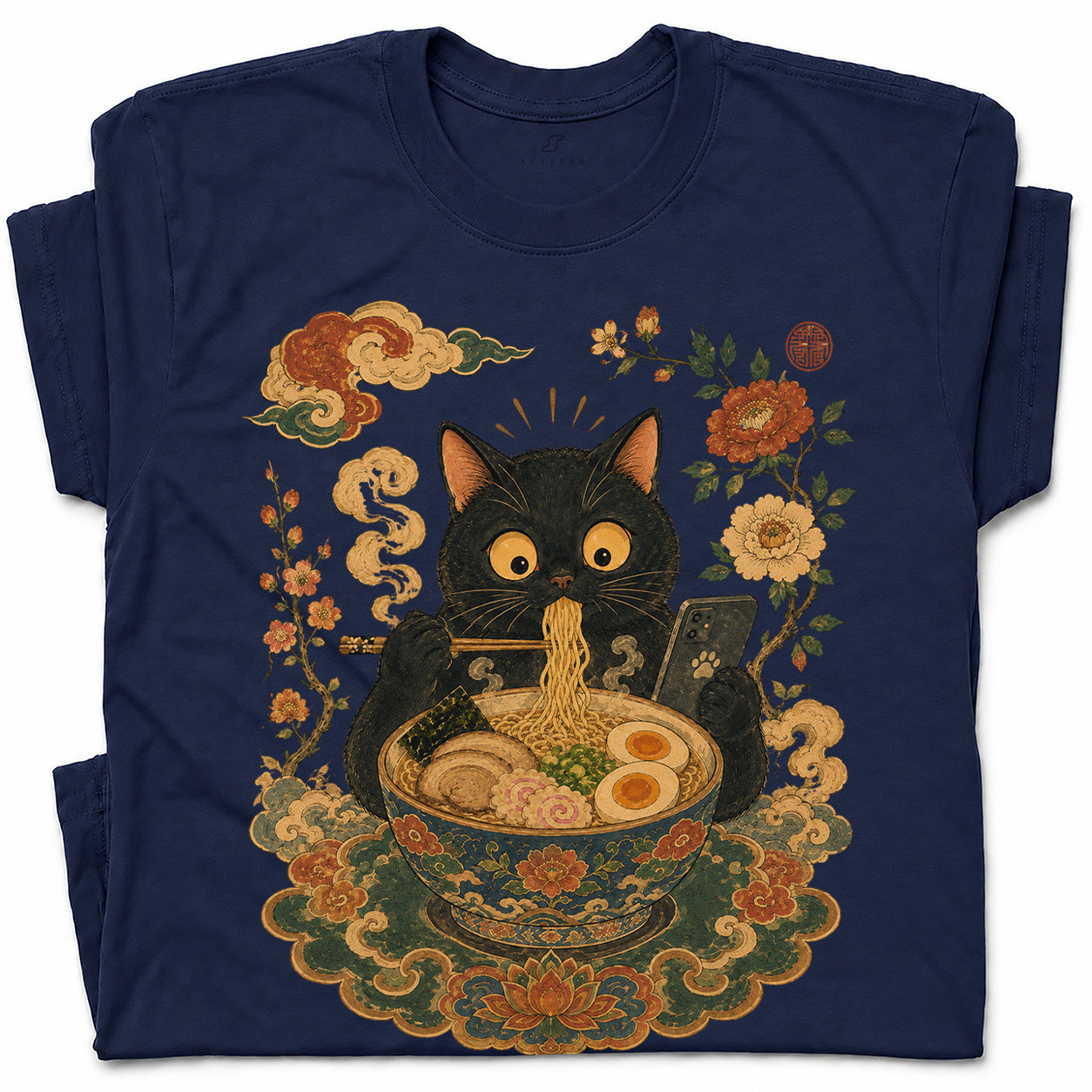 SF_COLOR=black|navy; SF_ITEM=adult-t-shirt; SF_ROLE=gallery; Cat Eating Ra Noodles Phone T-Shirt Cute Japanese Cat Lover Tee - Black, Navy Adult T-Shirt product image