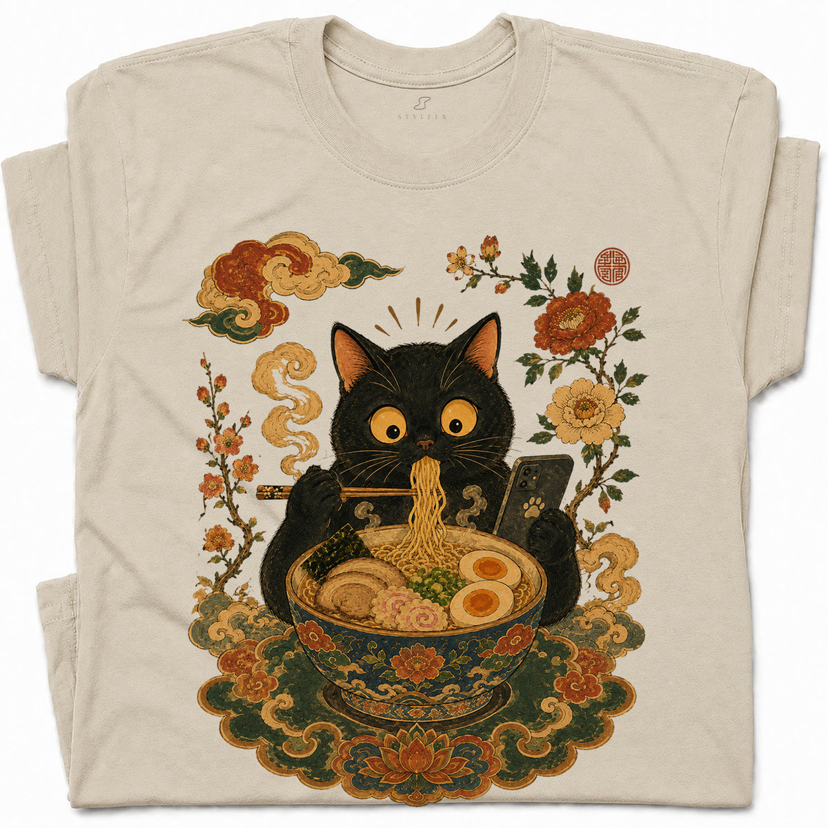 SF_COLOR=black|sand; SF_ITEM=adult-t-shirt; SF_ROLE=gallery; Cat Eating Ra Noodles Phone T-Shirt Cute Japanese Cat Lover Tee - Black, Sand Adult T-Shirt product image