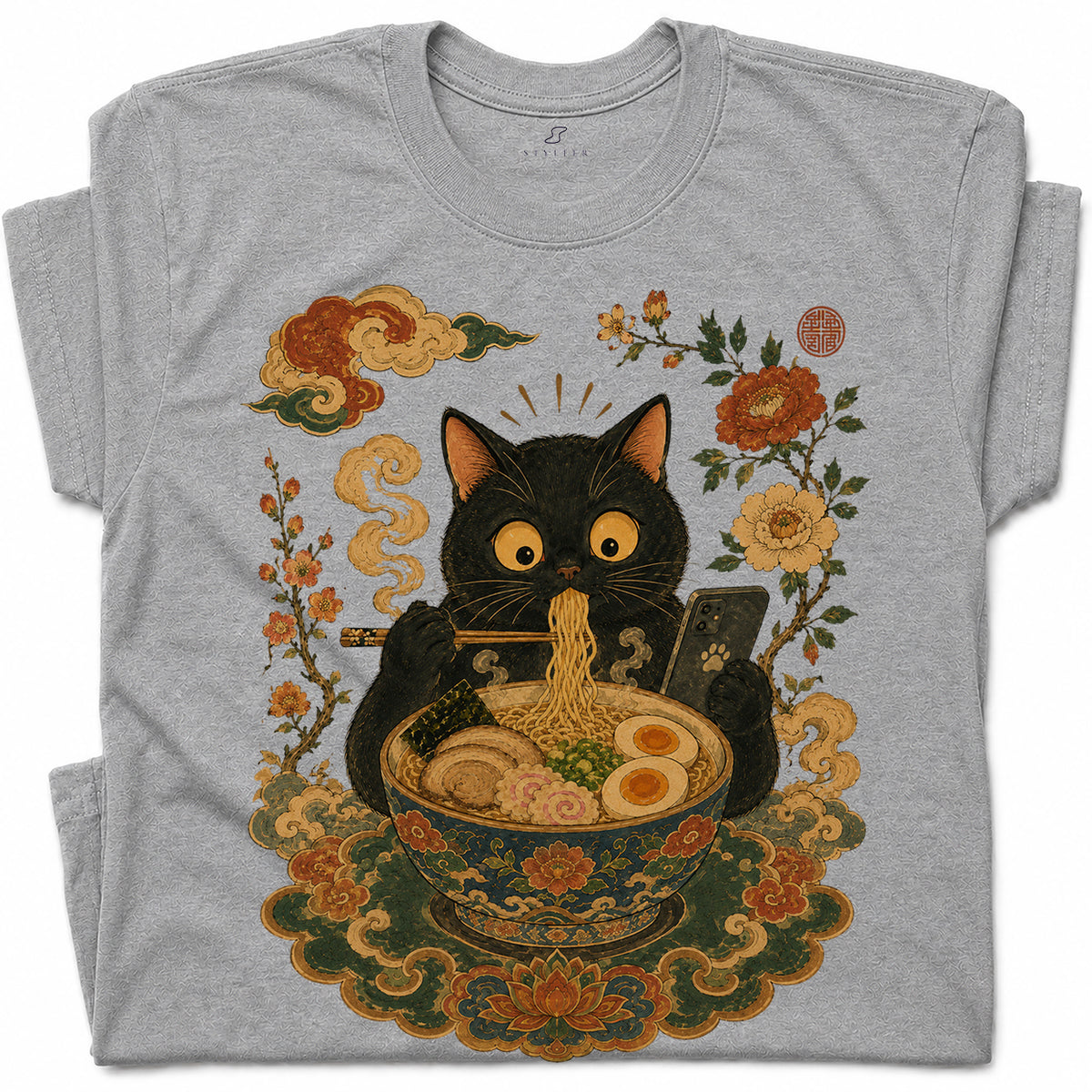 SF_COLOR=black|sport-grey; SF_ITEM=adult-t-shirt; SF_ROLE=gallery; Cat Eating Ra Noodles Phone T-Shirt Cute Japanese Cat Lover Tee - Black, Sport Grey Adult T-Shirt product image