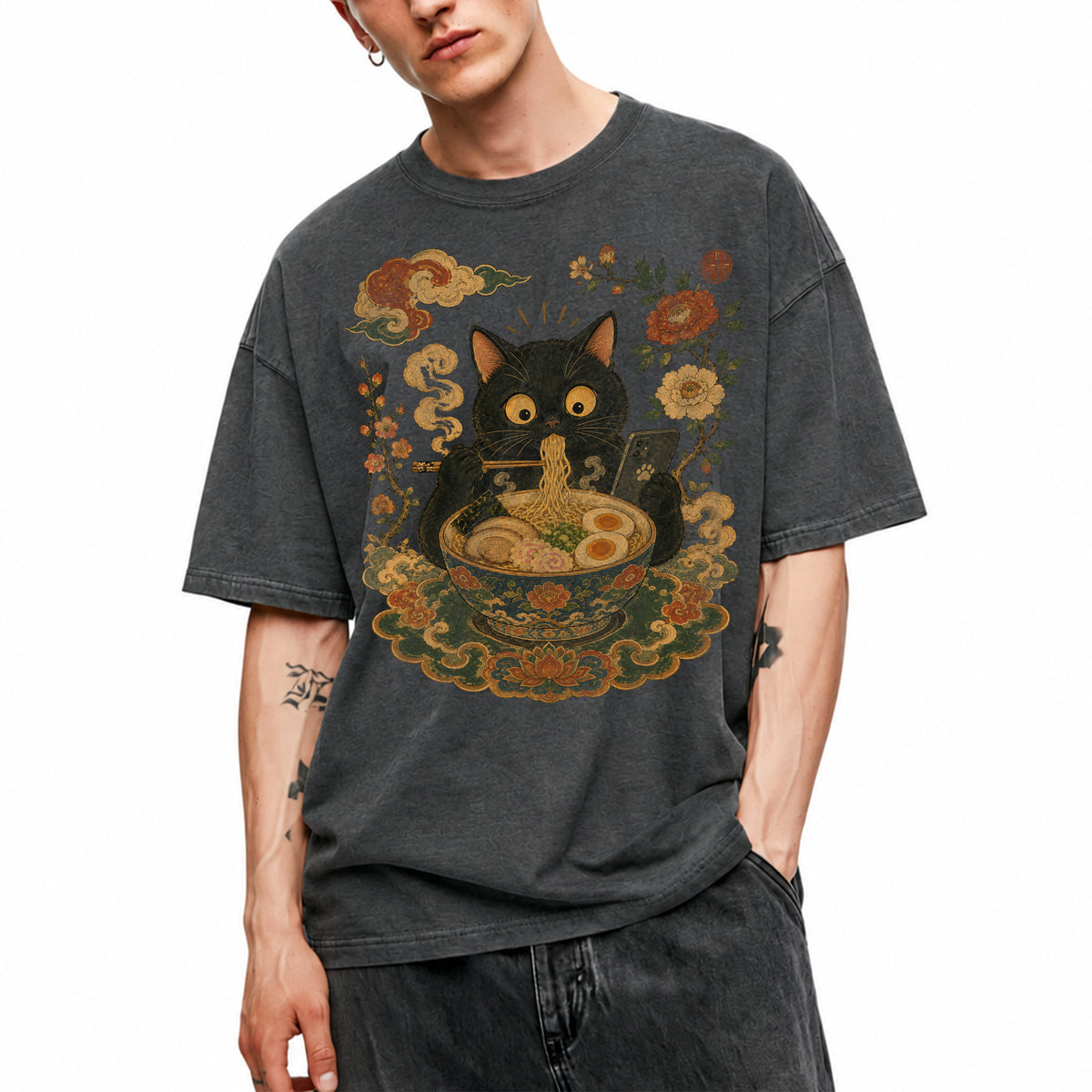SF_COLOR=black|dark-heather; SF_ITEM=adult-t-shirt; SF_ROLE=main; Cat Eating Ra Noodles Phone T-Shirt Cute Japanese Cat Lover Tee - Black, Dark Heather Adult T-Shirt product image