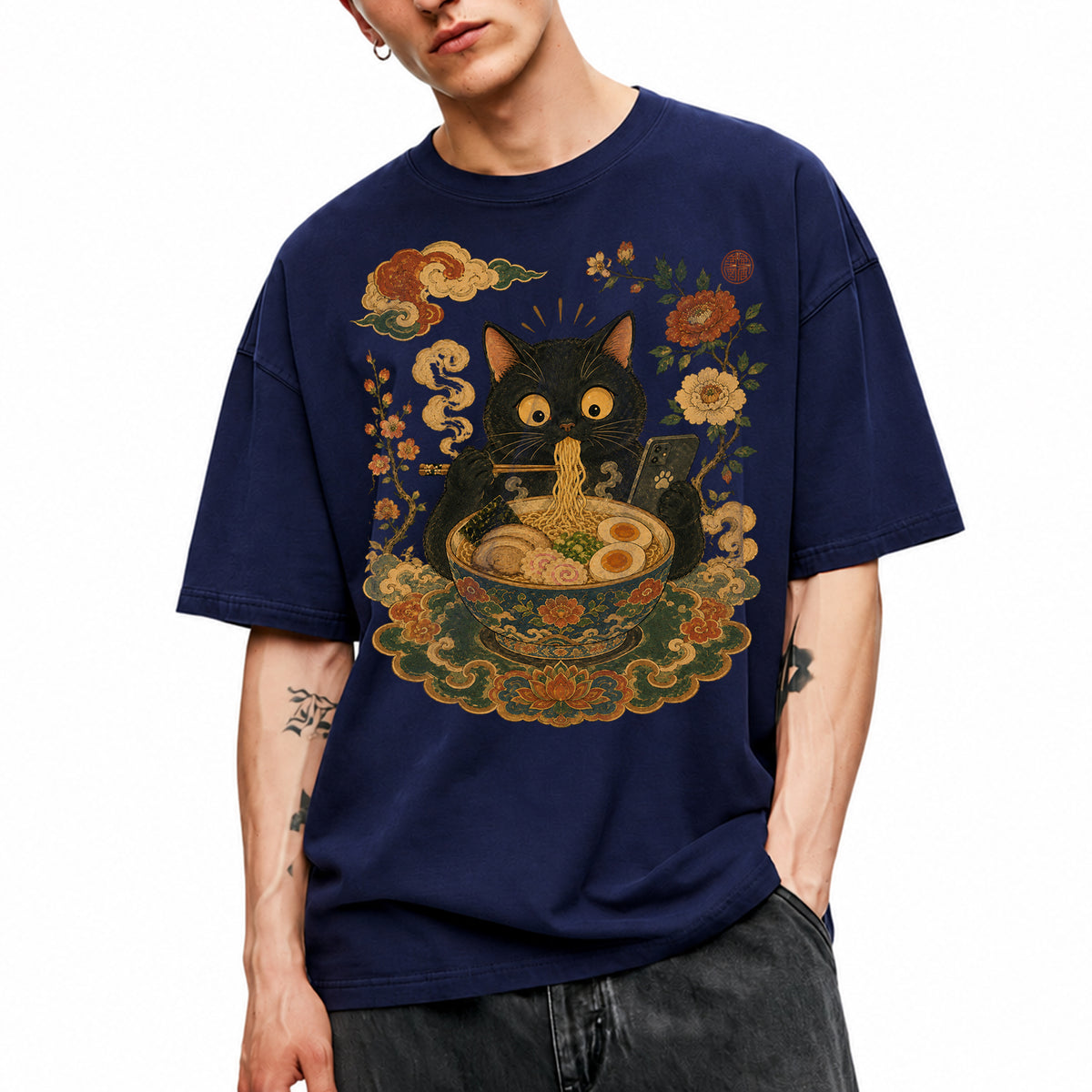 SF_COLOR=black|navy; SF_ITEM=adult-t-shirt; SF_ROLE=main; Cat Eating Ra Noodles Phone T-Shirt Cute Japanese Cat Lover Tee - Black, Navy Adult T-Shirt product image
