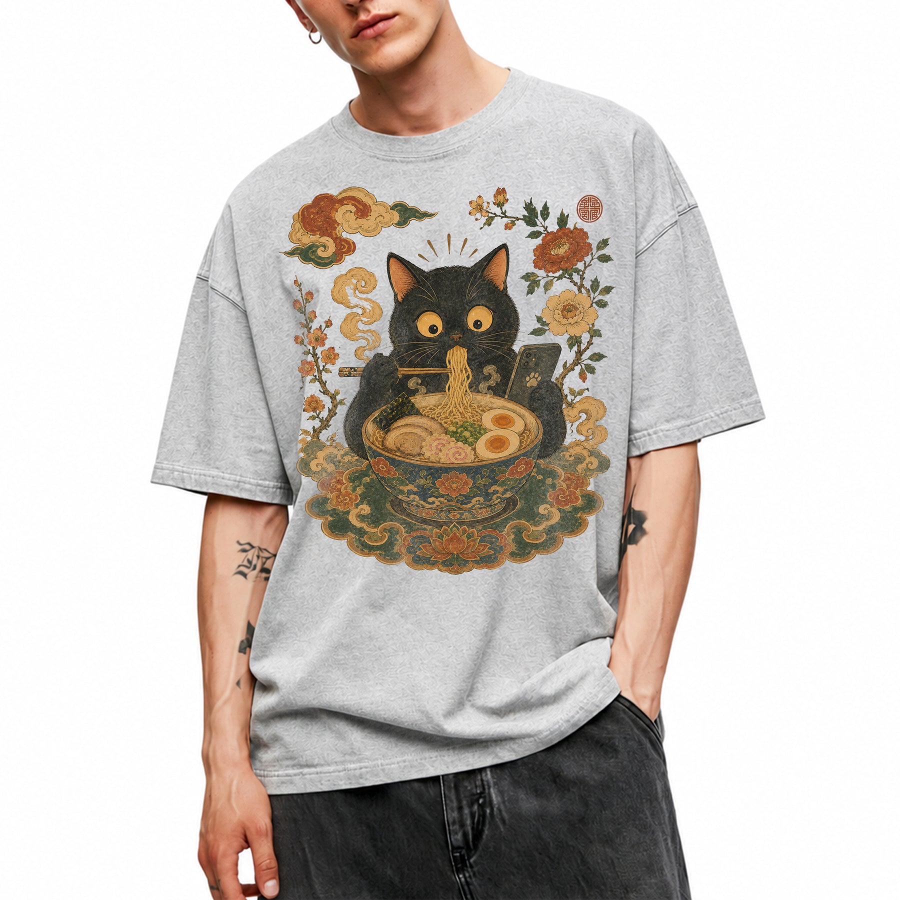 SF_COLOR=black|sport-grey; SF_ITEM=adult-t-shirt; SF_ROLE=main; Cat Eating Ra Noodles Phone T-Shirt Cute Japanese Cat Lover Tee - Black, Sport Grey Adult T-Shirt product image