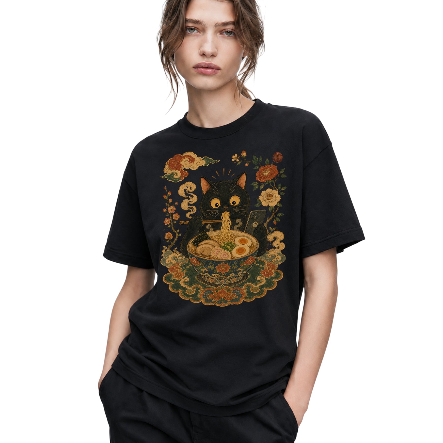 SF_COLOR=black; SF_ITEM=adult-t-shirt; SF_ROLE=gallery; Cat Eating Ra Noodles Phone T-Shirt Cute Japanese Cat Lover Tee - Black Adult T-Shirt product image