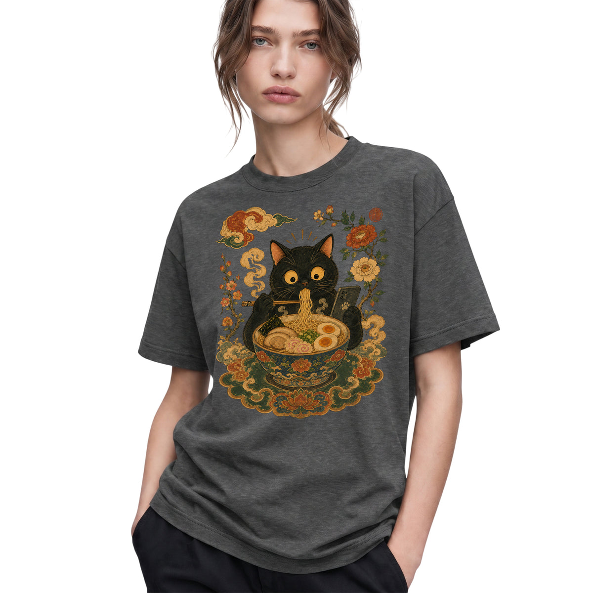 SF_COLOR=black|dark-heather; SF_ITEM=adult-t-shirt; SF_ROLE=gallery; Cat Eating Ra Noodles Phone T-Shirt Cute Japanese Cat Lover Tee - Black, Dark Heather Adult T-Shirt product image