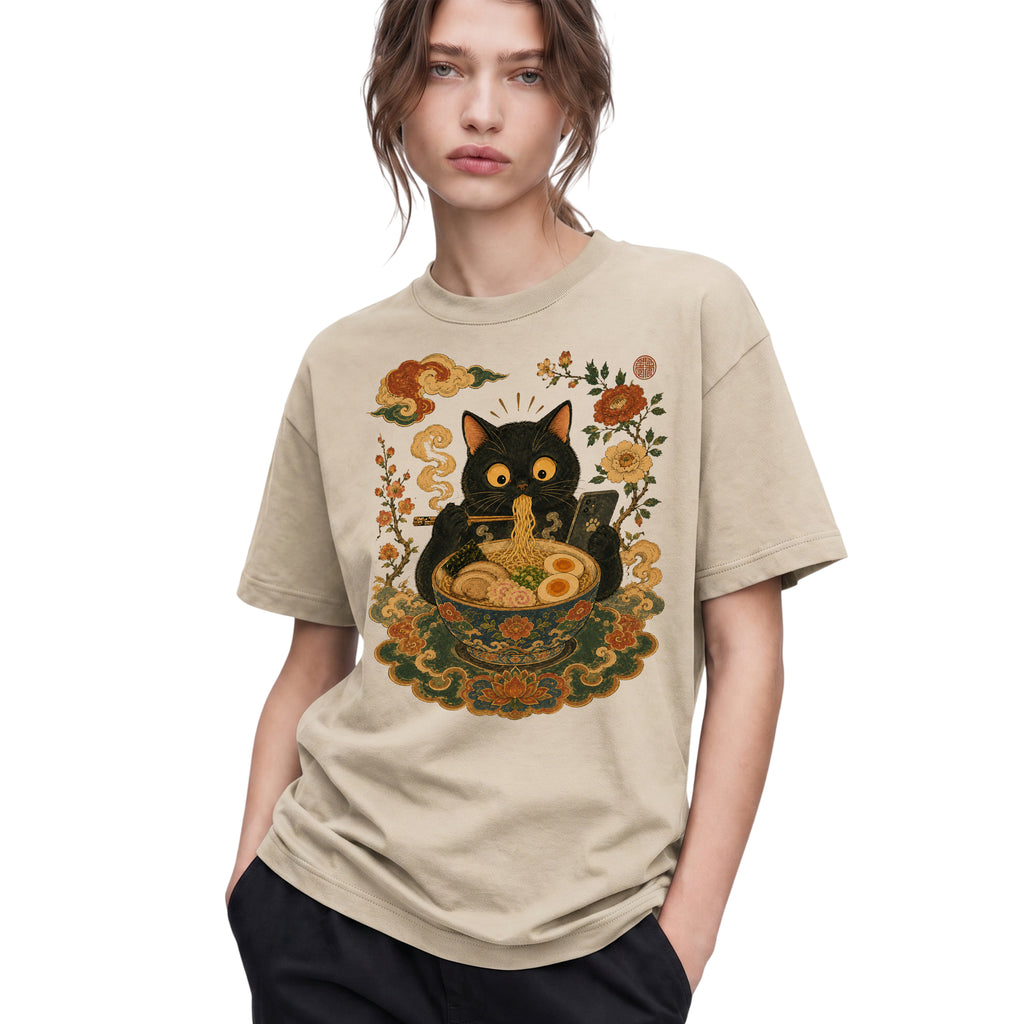 SF_COLOR=black|sand; SF_ITEM=adult-t-shirt; SF_ROLE=gallery; Cat Eating Ra Noodles Phone T-Shirt Cute Japanese Cat Lover Tee - Black, Sand Adult T-Shirt product image