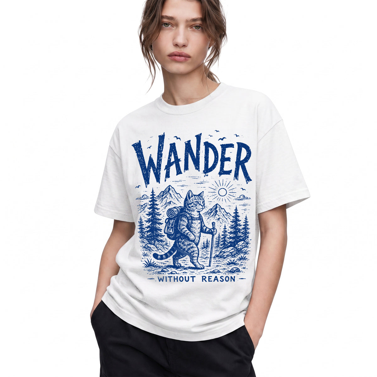 SF_COLOR=white; SF_ITEM=adult-t-shirt; SF_ROLE=gallery; Cat Hiker Backpack Wander Without Reason T-Shirt Funny Adventure Vintage Camping - White Adult T-Shirt product image