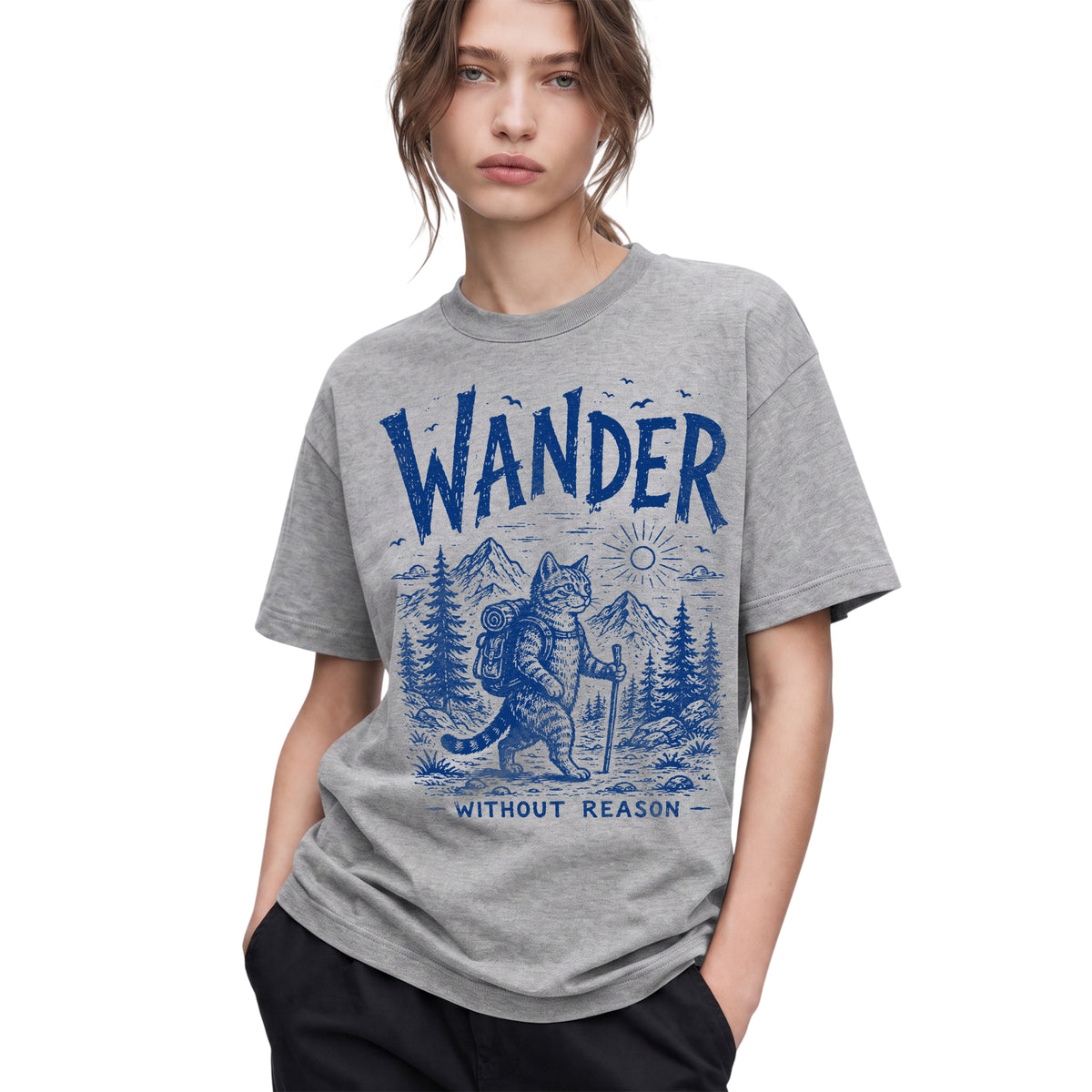 SF_COLOR=sport-grey; SF_ITEM=adult-t-shirt; SF_ROLE=gallery; Cat Hiker Backpack Wander Without Reason T-Shirt Funny Adventure Vintage Camping - Sport Grey Adult T-Shirt product image