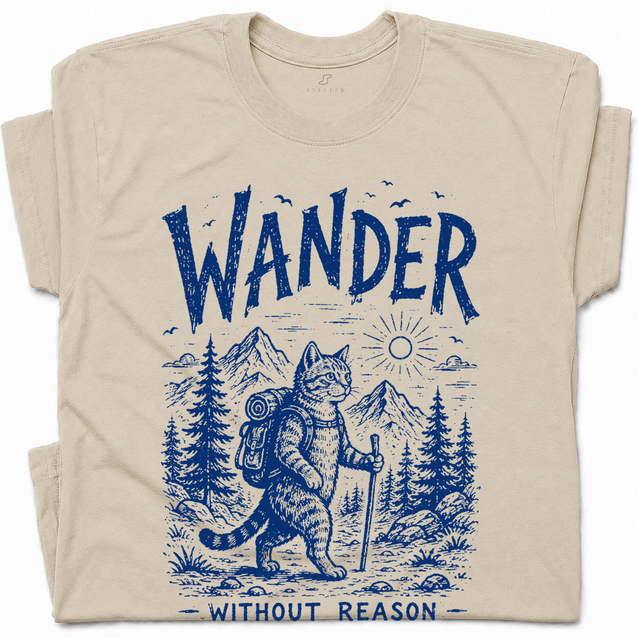SF_COLOR=sand; SF_ITEM=adult-t-shirt; SF_ROLE=gallery; Cat Hiker Backpack Wander Without Reason T-Shirt Funny Adventure Vintage Camping - Sand Adult T-Shirt product image