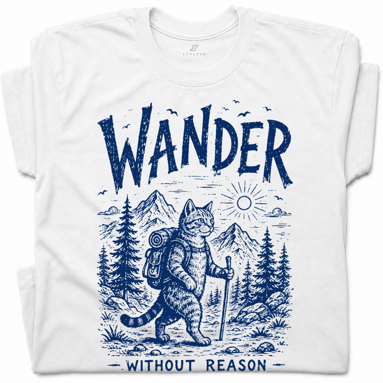 SF_COLOR=white; SF_ITEM=adult-t-shirt; SF_ROLE=gallery; Cat Hiker Backpack Wander Without Reason T-Shirt Funny Adventure Vintage Camping - White Adult T-Shirt product image
