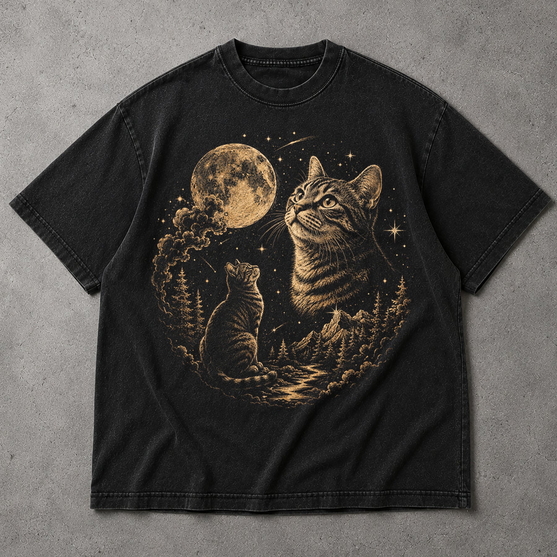 SF_COLOR=black; SF_ITEM=adult-t-shirt; SF_ROLE=main; Cat Looking At Moon T-Shirt Starry Night Sky Mountain Forest Tee - Black Adult T-Shirt product image
