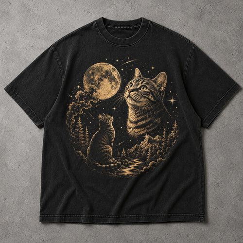 SF_COLOR=black; SF_ITEM=adult-t-shirt; SF_ROLE=main; Cat Looking At Moon T-Shirt Starry Night Sky Mountain Forest Tee - Black Adult T-Shirt product image