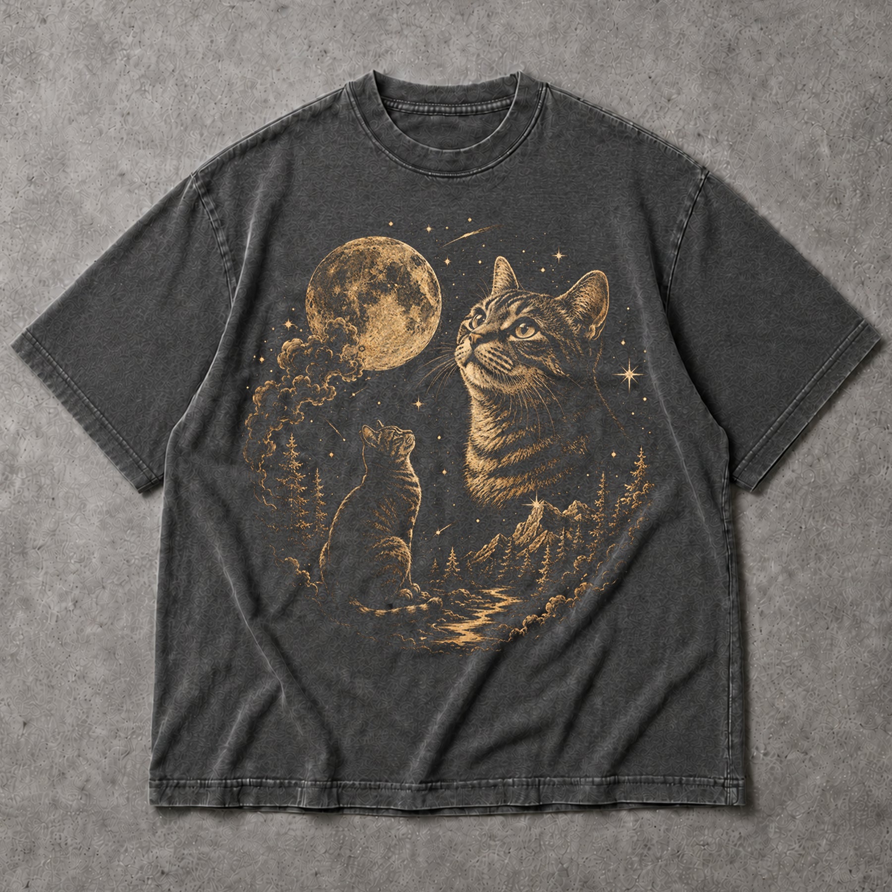 SF_COLOR=black|dark-heather; SF_ITEM=adult-t-shirt; SF_ROLE=main; Cat Looking At Moon T-Shirt Starry Night Sky Mountain Forest Tee - Black, Dark Heather Adult T-Shirt product image