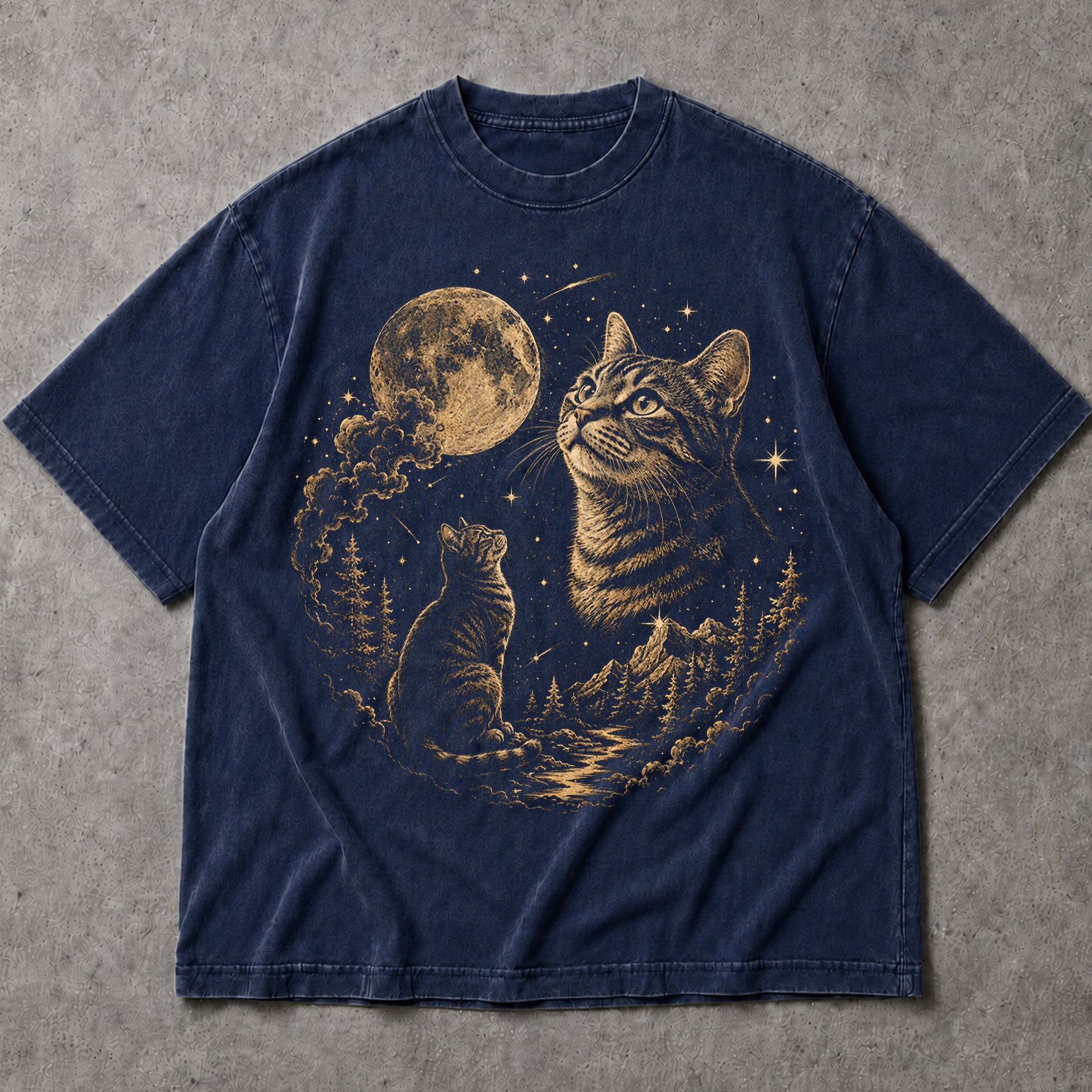 SF_COLOR=black|navy; SF_ITEM=adult-t-shirt; SF_ROLE=main; Cat Looking At Moon T-Shirt Starry Night Sky Mountain Forest Tee - Black, Navy Adult T-Shirt product image
