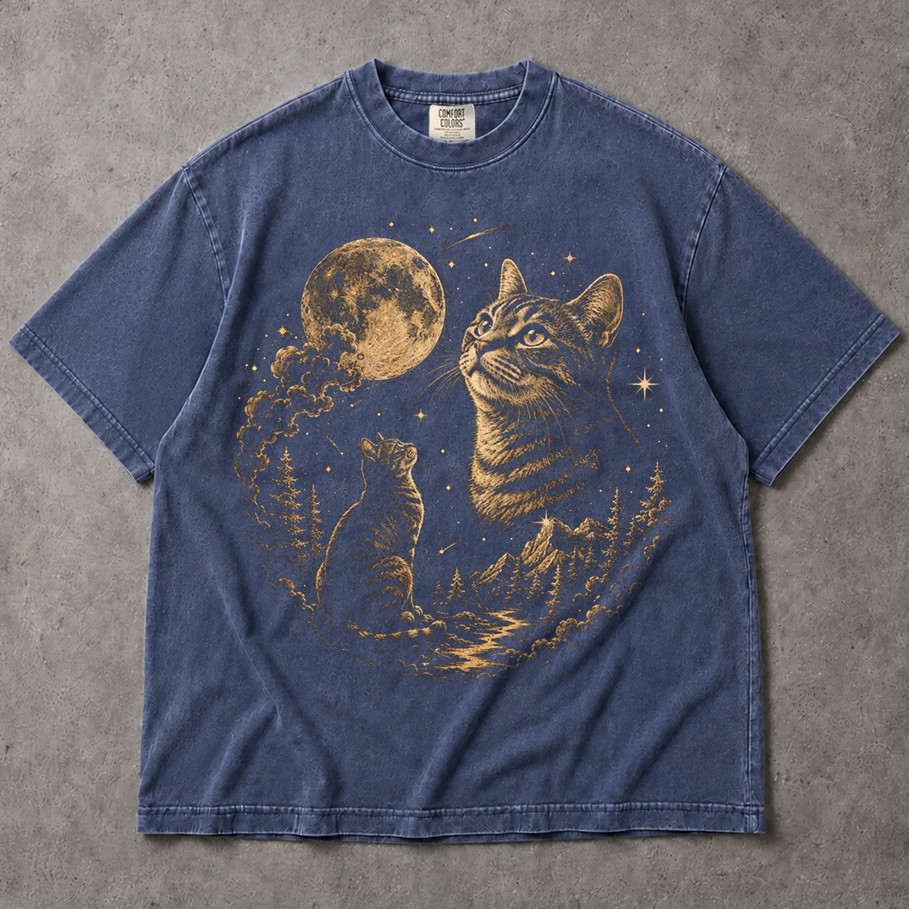SF_COLOR=black|sport-grey|denim; SF_ITEM=adult-t-shirt; SF_ROLE=main; Cat Looking At Moon T-Shirt Starry Night Sky Mountain Forest Tee - Black, Sport Grey, Denim Adult T-Shirt product image