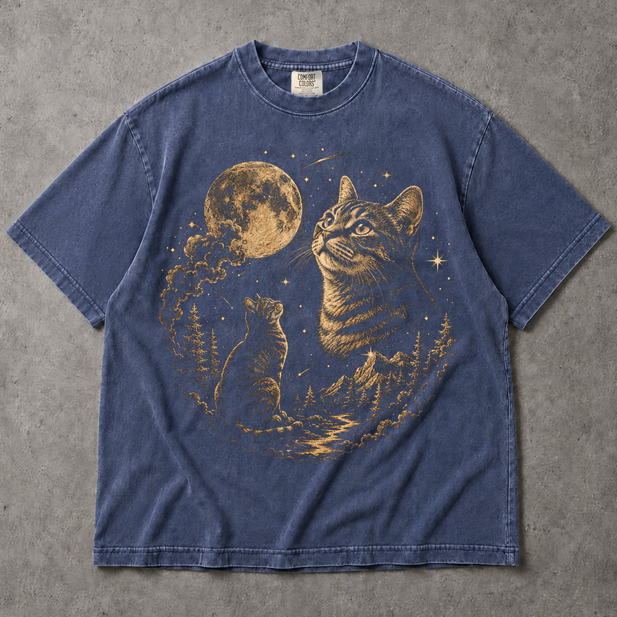 SF_COLOR=black|sport-grey|denim; SF_ITEM=adult-t-shirt; SF_ROLE=main; Cat Looking At Moon T-Shirt Starry Night Sky Mountain Forest Tee - Black, Sport Grey, Denim Adult T-Shirt product image