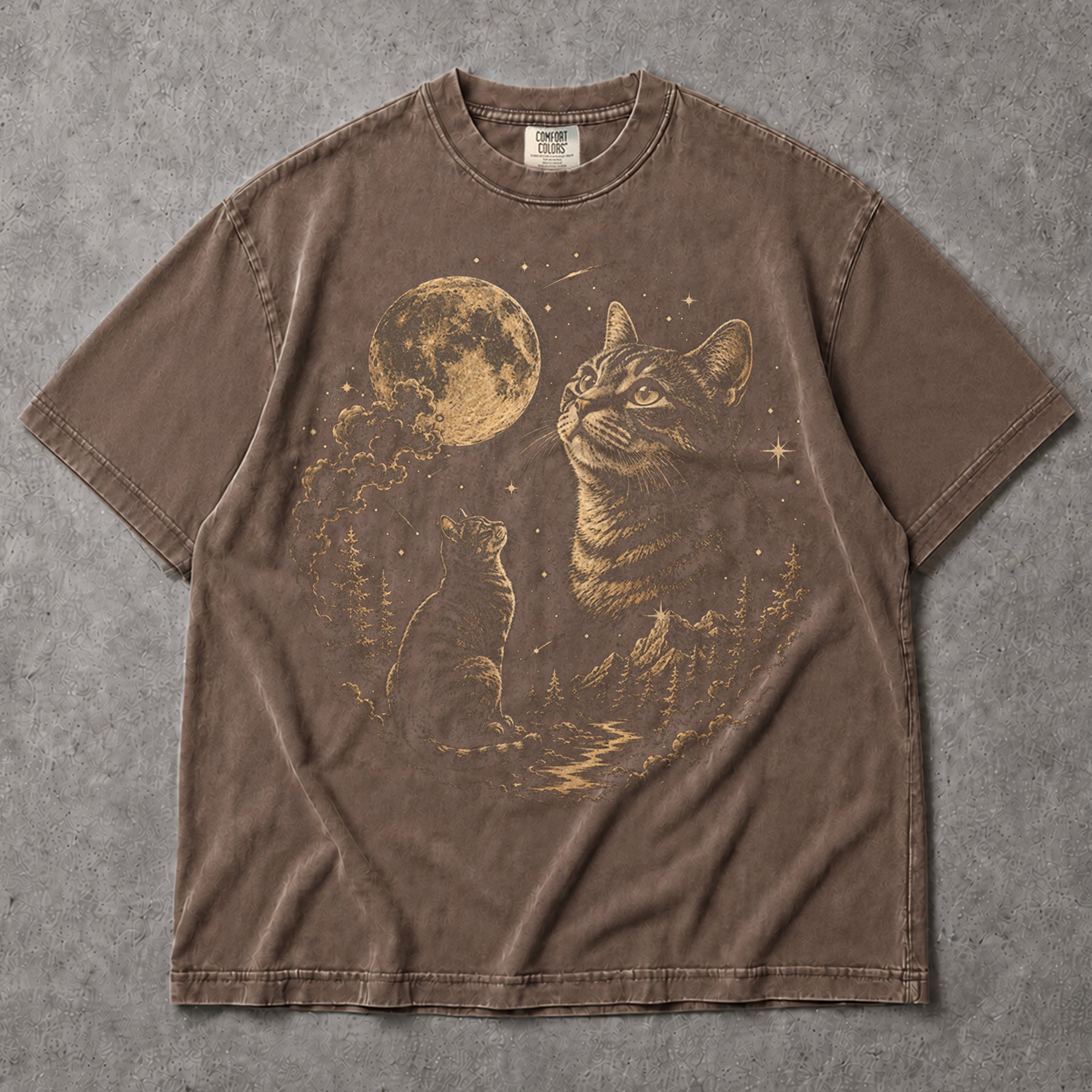 SF_COLOR=black|sport-grey|espresso; SF_ITEM=adult-t-shirt; SF_ROLE=main; Cat Looking At Moon T-Shirt Starry Night Sky Mountain Forest Tee - Black, Sport Grey, Espresso Adult T-Shirt product image
