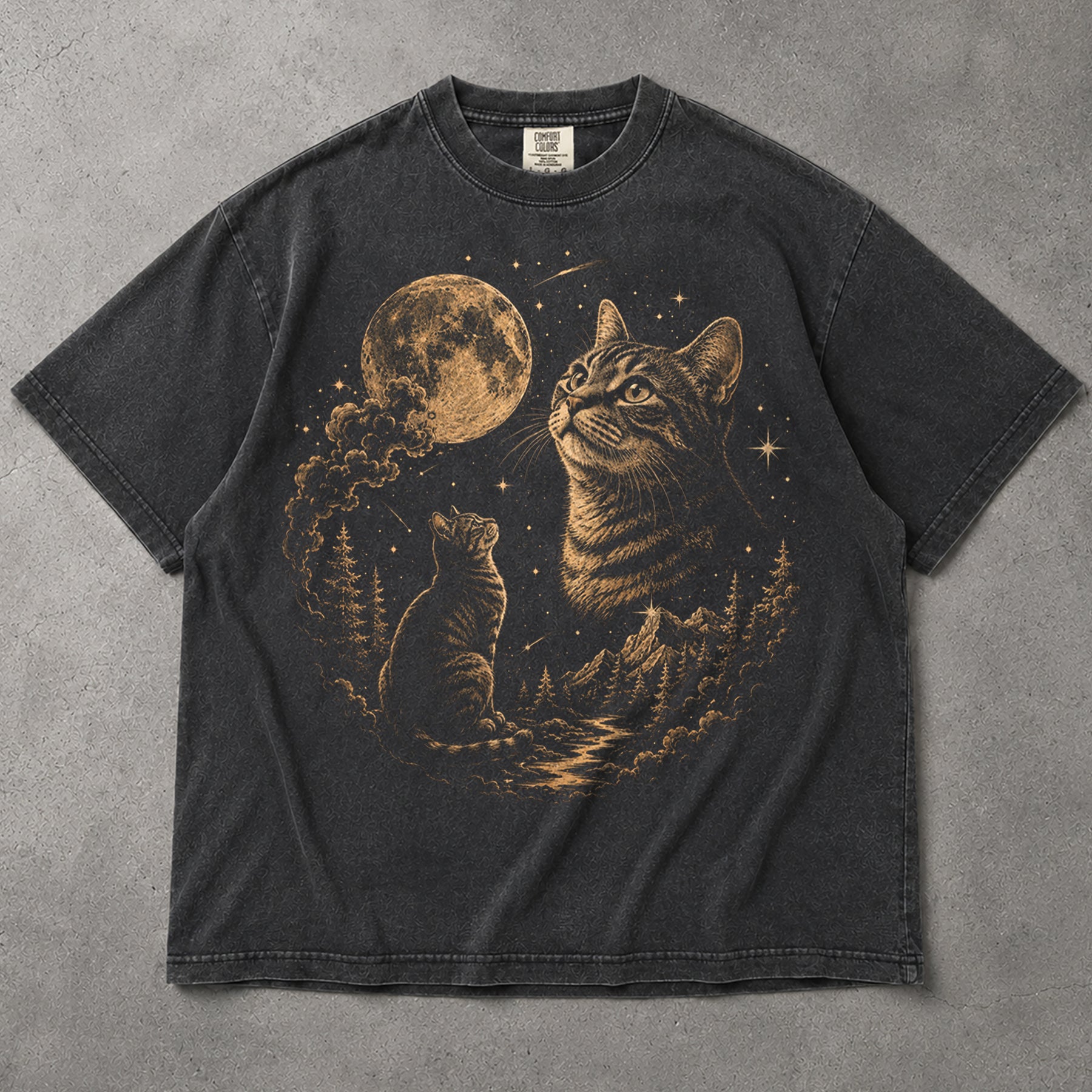 SF_COLOR=black|graphite; SF_ITEM=adult-t-shirt; SF_ROLE=main; Cat Looking At Moon T-Shirt Starry Night Sky Mountain Forest Tee - Black, Graphite Adult T-Shirt product image