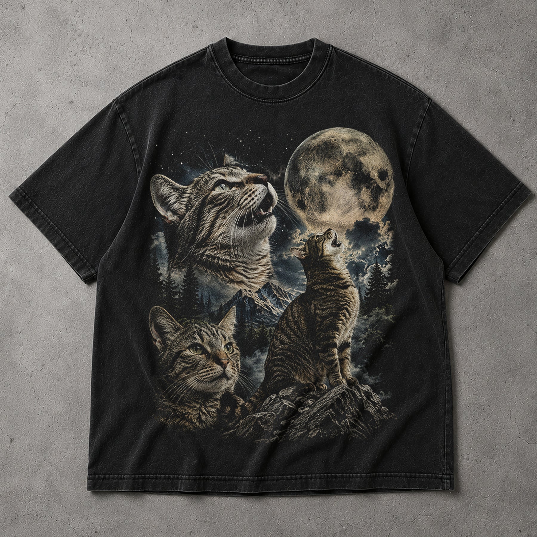 SF_COLOR=black; SF_ITEM=adult-t-shirt; SF_ROLE=main; Cats Howling At Full Moon T-Shirt Mountain Forest Night Sky Feline Tee - Black Adult T-Shirt product image