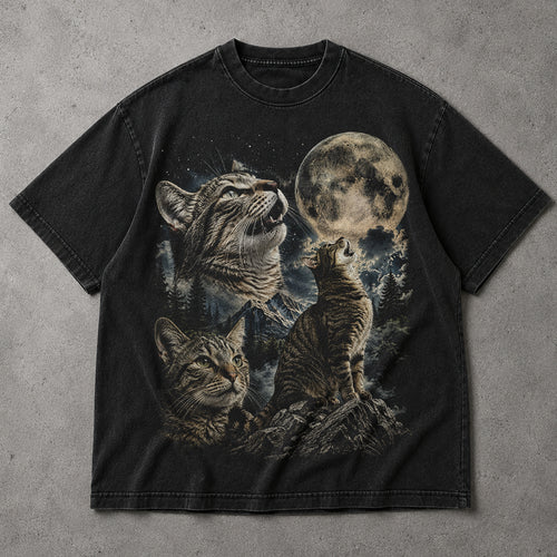 SF_COLOR=black; SF_ITEM=adult-t-shirt; SF_ROLE=main; Cats Howling At Full Moon T-Shirt Mountain Forest Night Sky Feline Tee - Black Adult T-Shirt product image