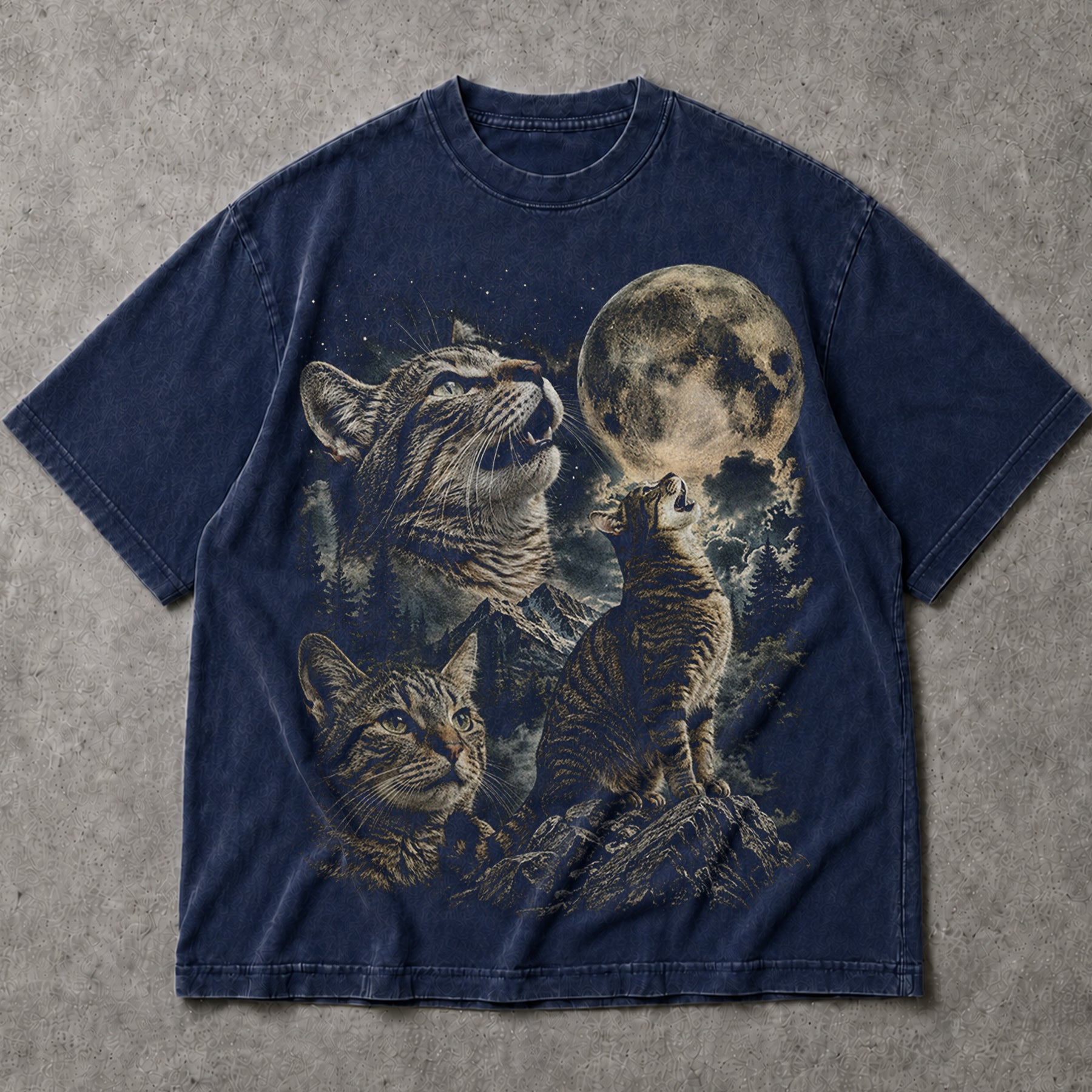 SF_COLOR=navy; SF_ITEM=adult-t-shirt; SF_ROLE=main; Cats Howling At Full Moon T-Shirt Mountain Forest Night Sky Feline Tee - Navy Adult T-Shirt product image
