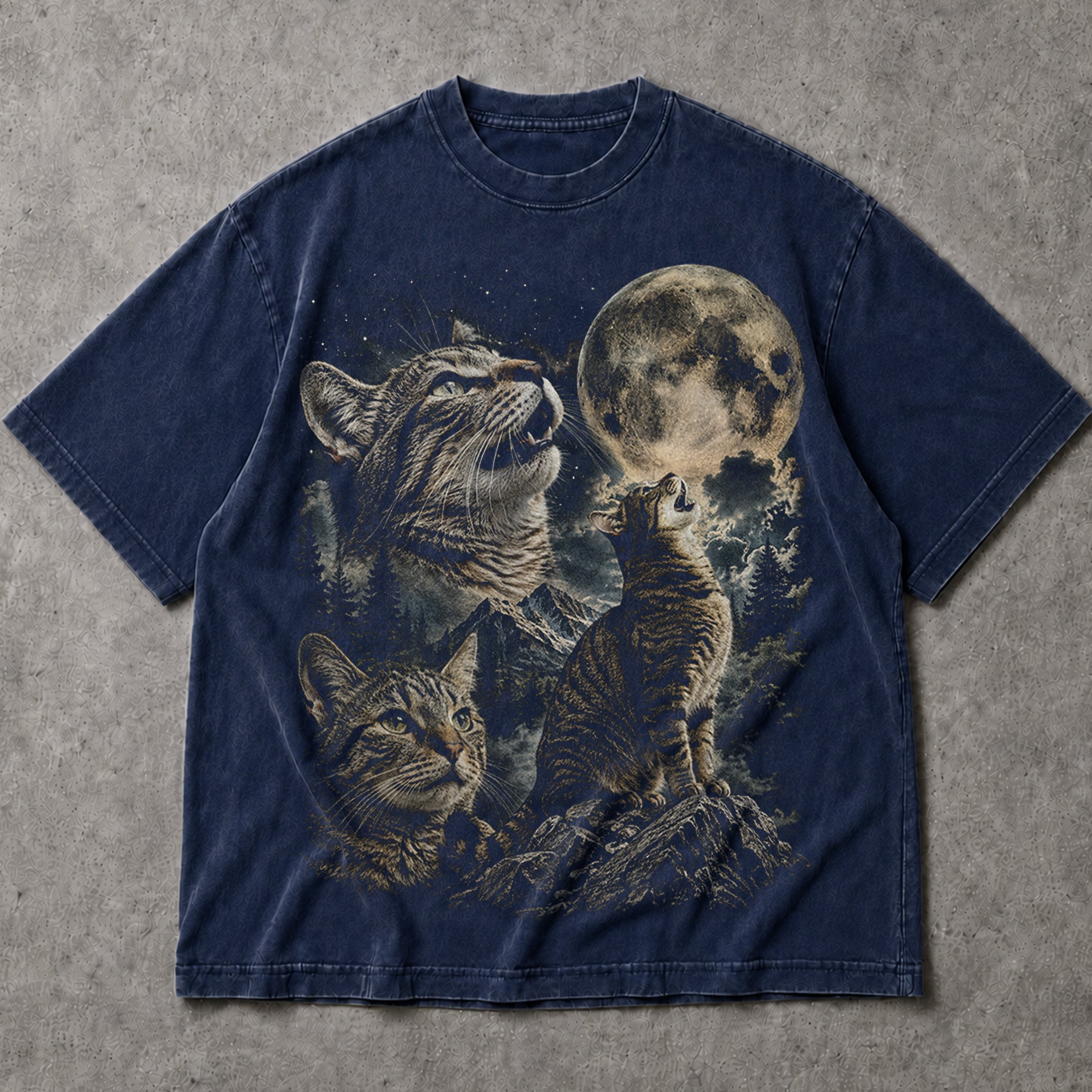 SF_COLOR=navy; SF_ITEM=adult-t-shirt; SF_ROLE=main; Cats Howling At Full Moon T-Shirt Mountain Forest Night Sky Feline Tee - Navy Adult T-Shirt product image