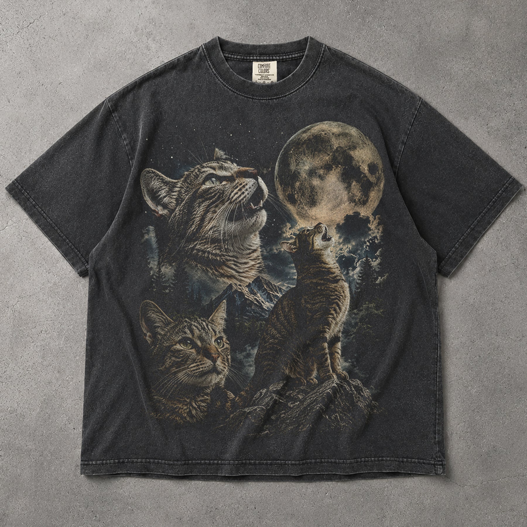 SF_COLOR=graphite; SF_ITEM=adult-t-shirt; SF_ROLE=main; Cats Howling At Full Moon T-Shirt Mountain Forest Night Sky Feline Tee - Graphite Adult T-Shirt product image