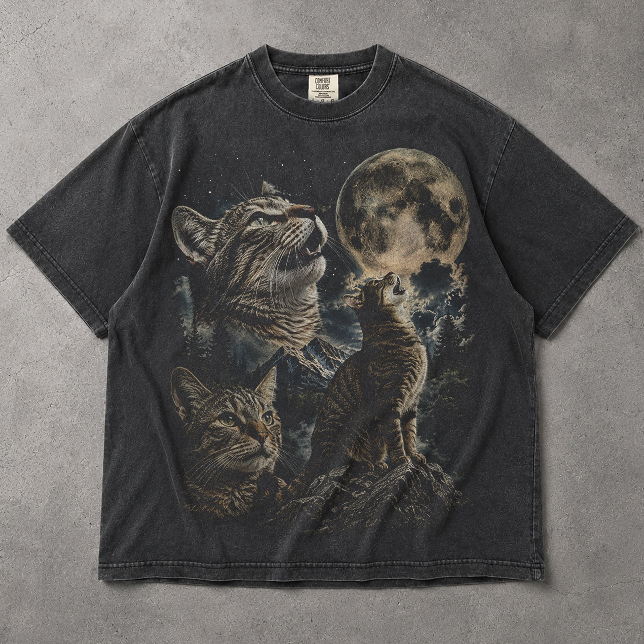 SF_COLOR=graphite; SF_ITEM=adult-t-shirt; SF_ROLE=main; Cats Howling At Full Moon T-Shirt Mountain Forest Night Sky Feline Tee - Graphite Adult T-Shirt product image