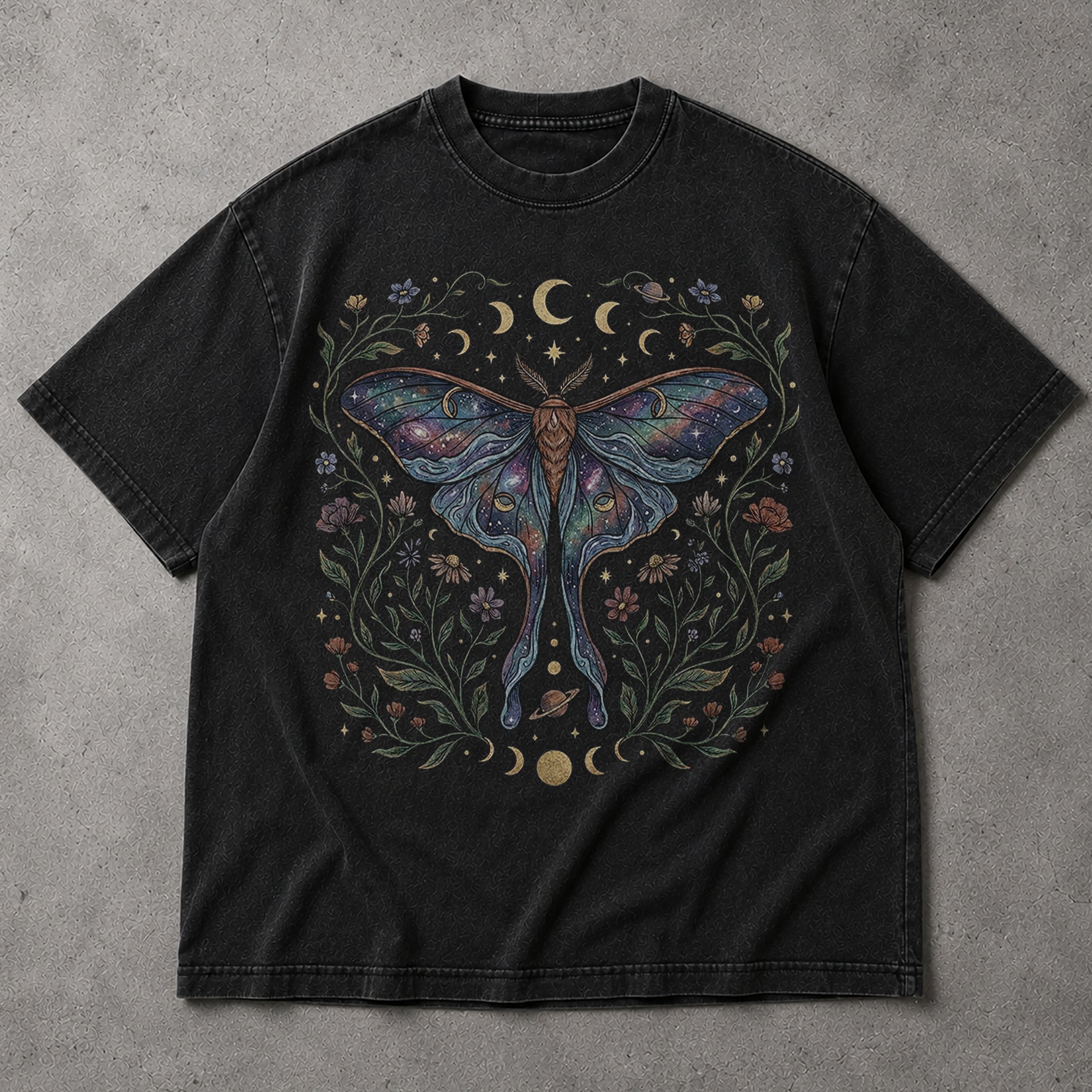 SF_COLOR=black; SF_ITEM=adult-t-shirt; SF_ROLE=main; Celestial Luna Moth T-Shirt Galaxy Moon Phases Witchy Boho Nature Lover Gift - Black Adult T-Shirt product image