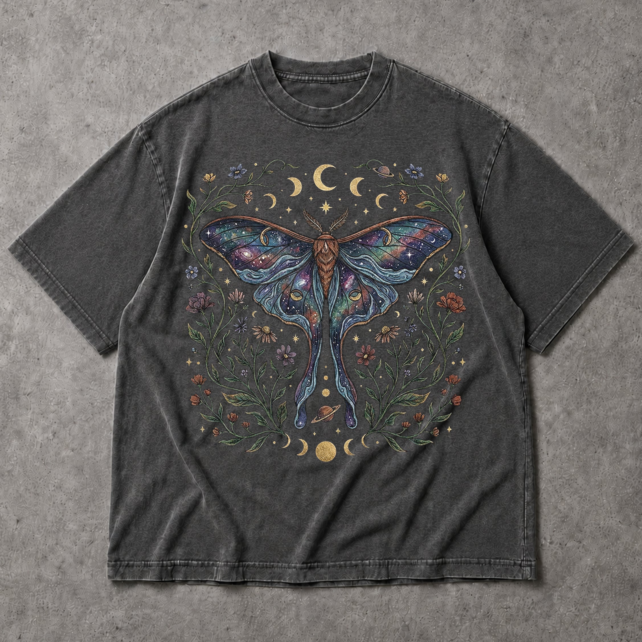 SF_COLOR=dark-heather; SF_ITEM=adult-t-shirt; SF_ROLE=main; Celestial Luna Moth T-Shirt Galaxy Moon Phases Witchy Boho Nature Lover Gift - Dark Heather Adult T-Shirt product image