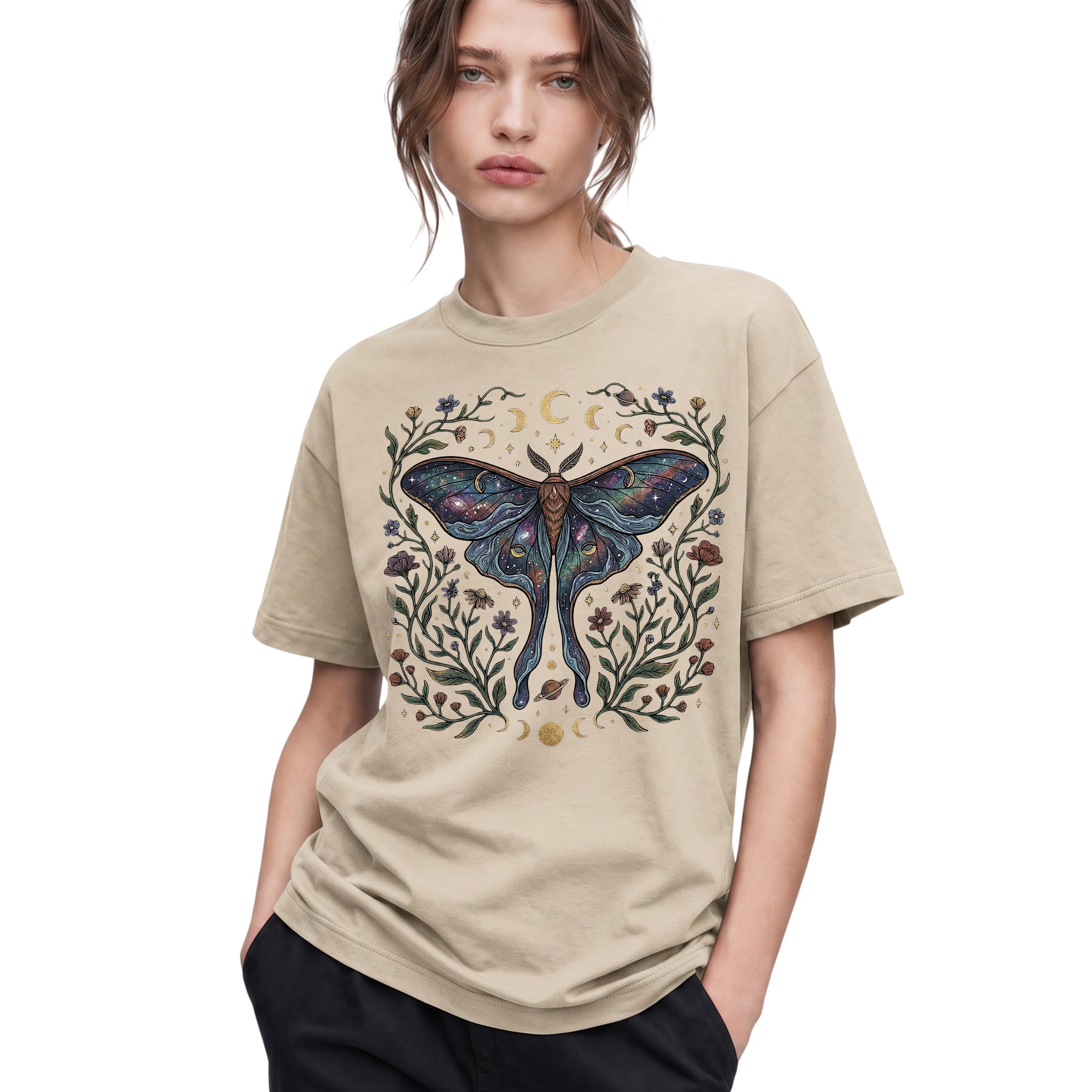 SF_COLOR=sand; SF_ITEM=adult-t-shirt; SF_ROLE=gallery; Celestial Luna Moth T-Shirt Galaxy Moon Phases Witchy Boho Nature Lover Gift - Sand Adult T-Shirt product image