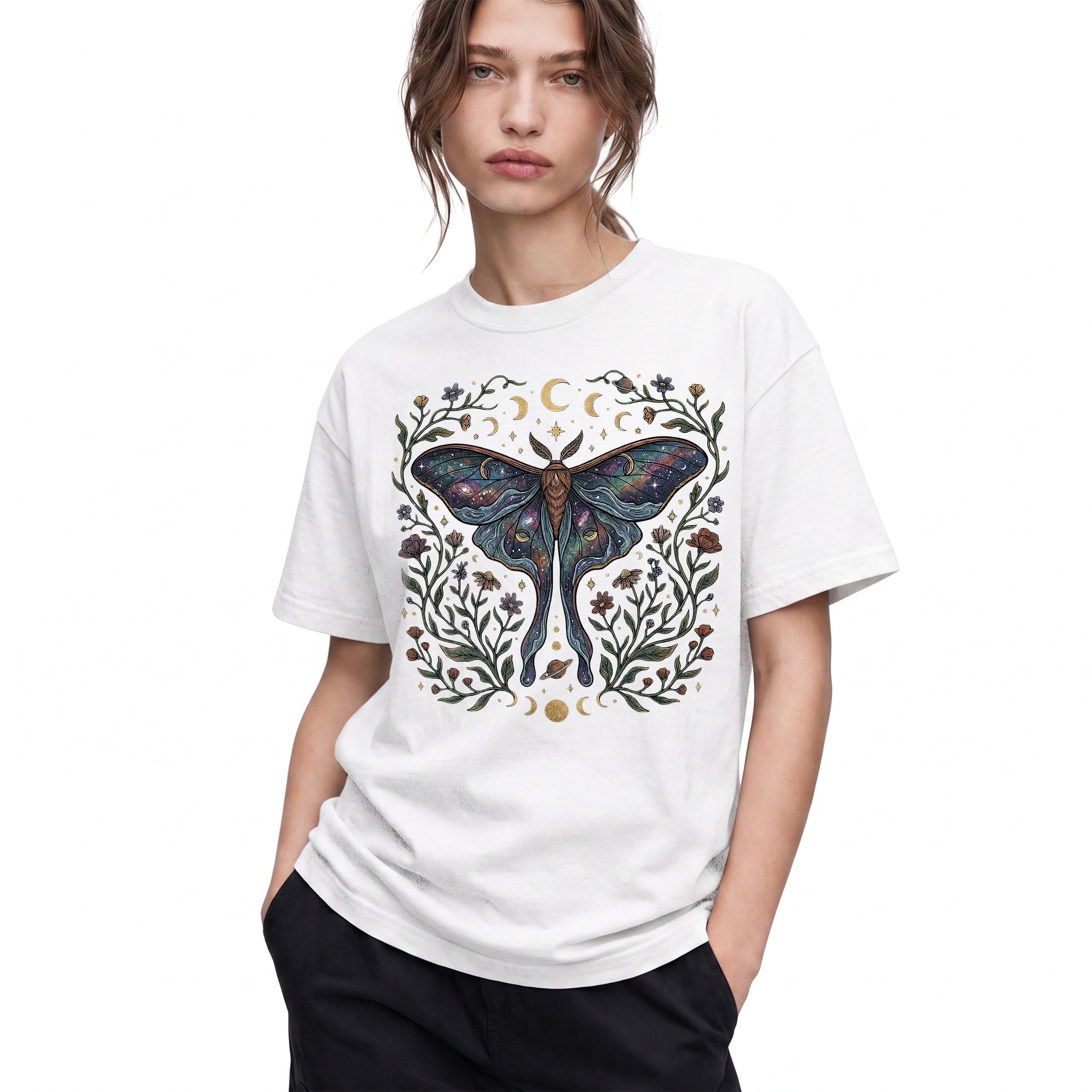 SF_COLOR=white; SF_ITEM=adult-t-shirt; SF_ROLE=gallery; Celestial Luna Moth T-Shirt Galaxy Moon Phases Witchy Boho Nature Lover Gift - White Adult T-Shirt product image