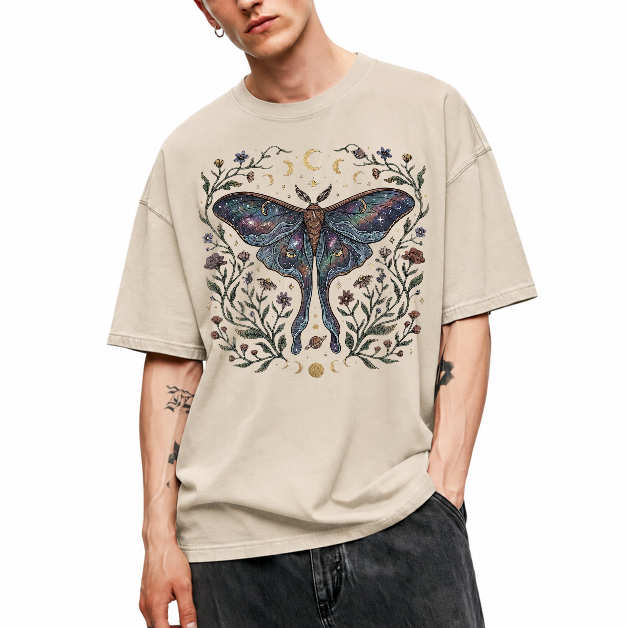SF_COLOR=sand; SF_ITEM=adult-t-shirt; SF_ROLE=gallery; Celestial Luna Moth T-Shirt Galaxy Moon Phases Witchy Boho Nature Lover Gift - Sand Adult T-Shirt product image