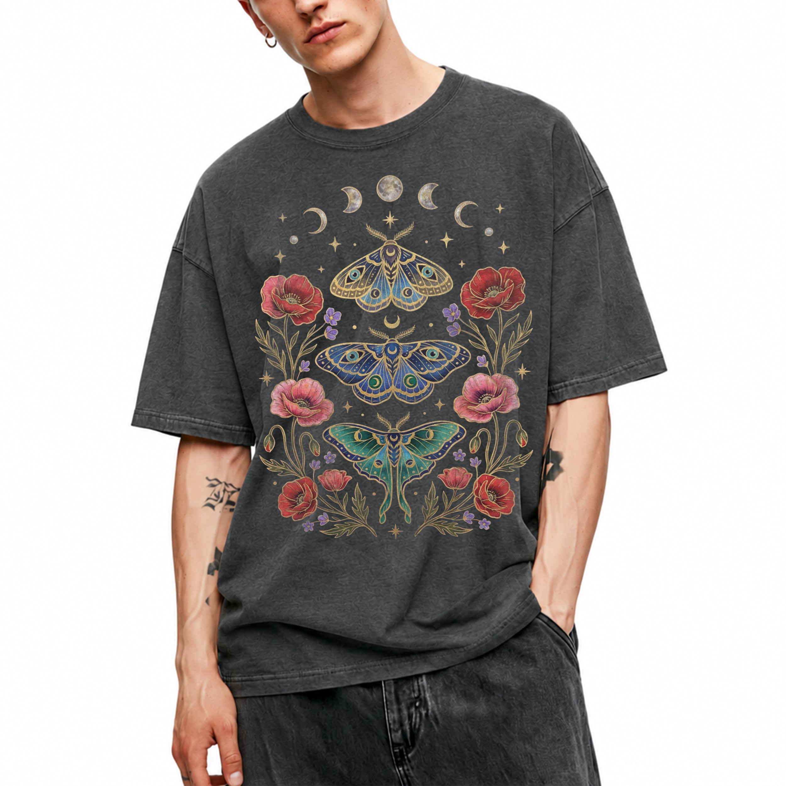 SF_COLOR=dark-heather; SF_ITEM=adult-t-shirt; SF_ROLE=main; Celestial Moth T-Shirt Luna Moon Phase Flower Cottagecore Witchy Tee - Dark Heather Adult T-Shirt product image