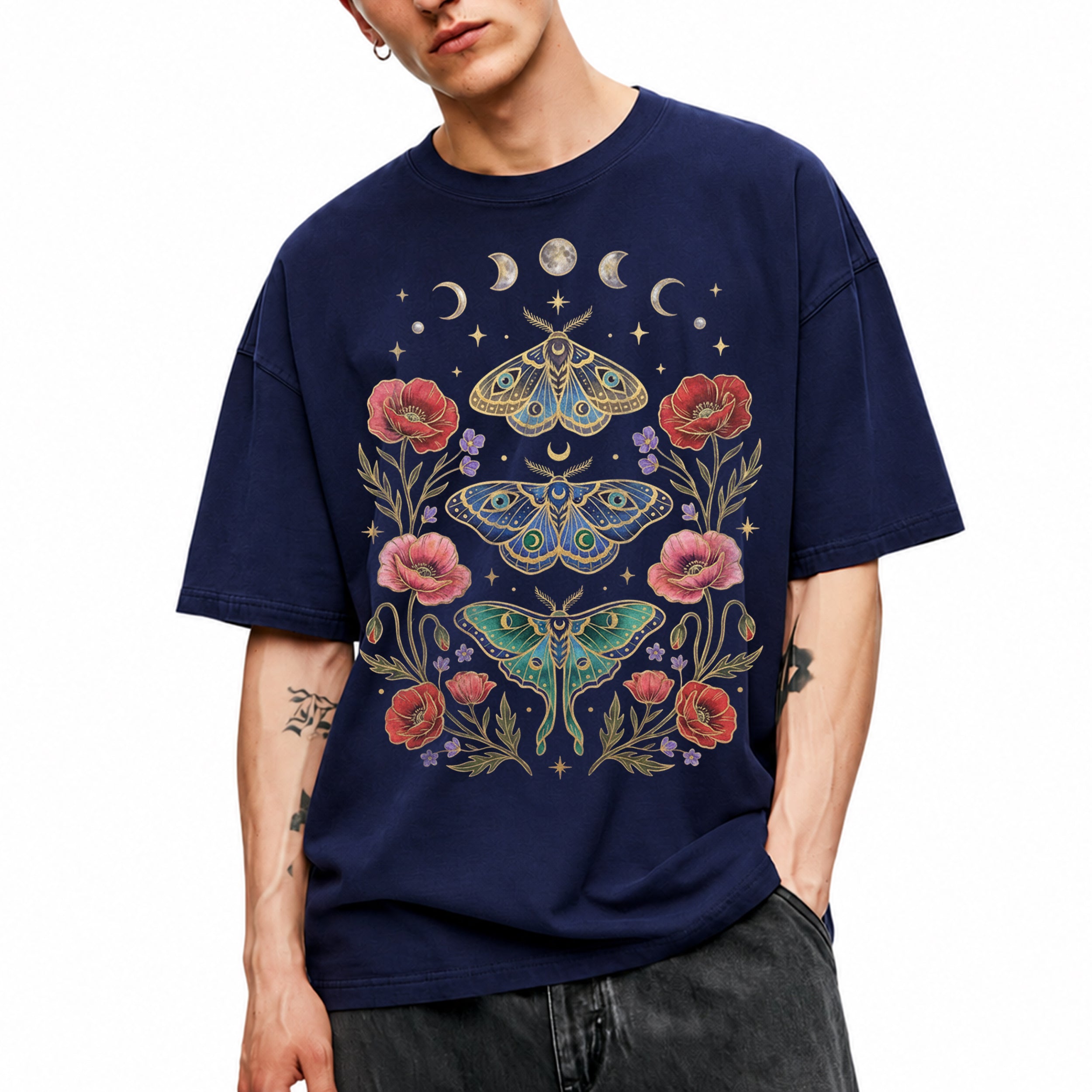 SF_COLOR=navy; SF_ITEM=adult-t-shirt; SF_ROLE=main; Celestial Moth T-Shirt Luna Moon Phase Flower Cottagecore Witchy Tee - Navy Adult T-Shirt product image